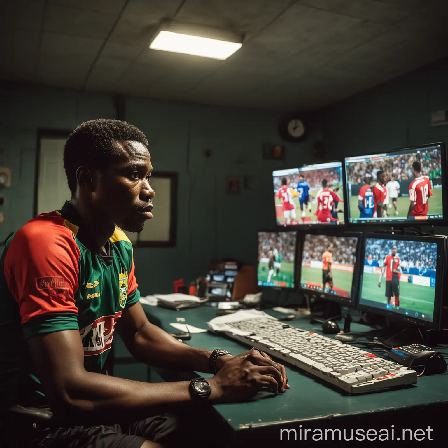 Professional CongoBrazzaville Referee Monitoring VAR in Football Control Room