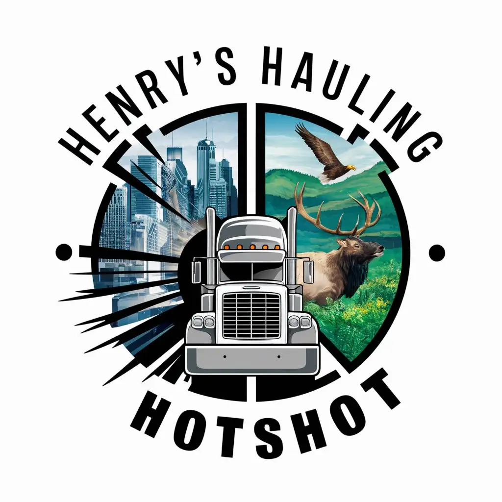 a logo design,with the text "Henry’s Hauling Hotshot", main symbol:a logo design,with the text 'HENRY’S Hotshot Hauling', main symbol:A semi truck rips through two contrasting scapes, the truck is heading from the city on one side to the other side which is a calm and serene natural landscape with a mature elk buck with a large rack and a flying golden eagle, be used in Trucking industry,clear background,Moderate,clear background