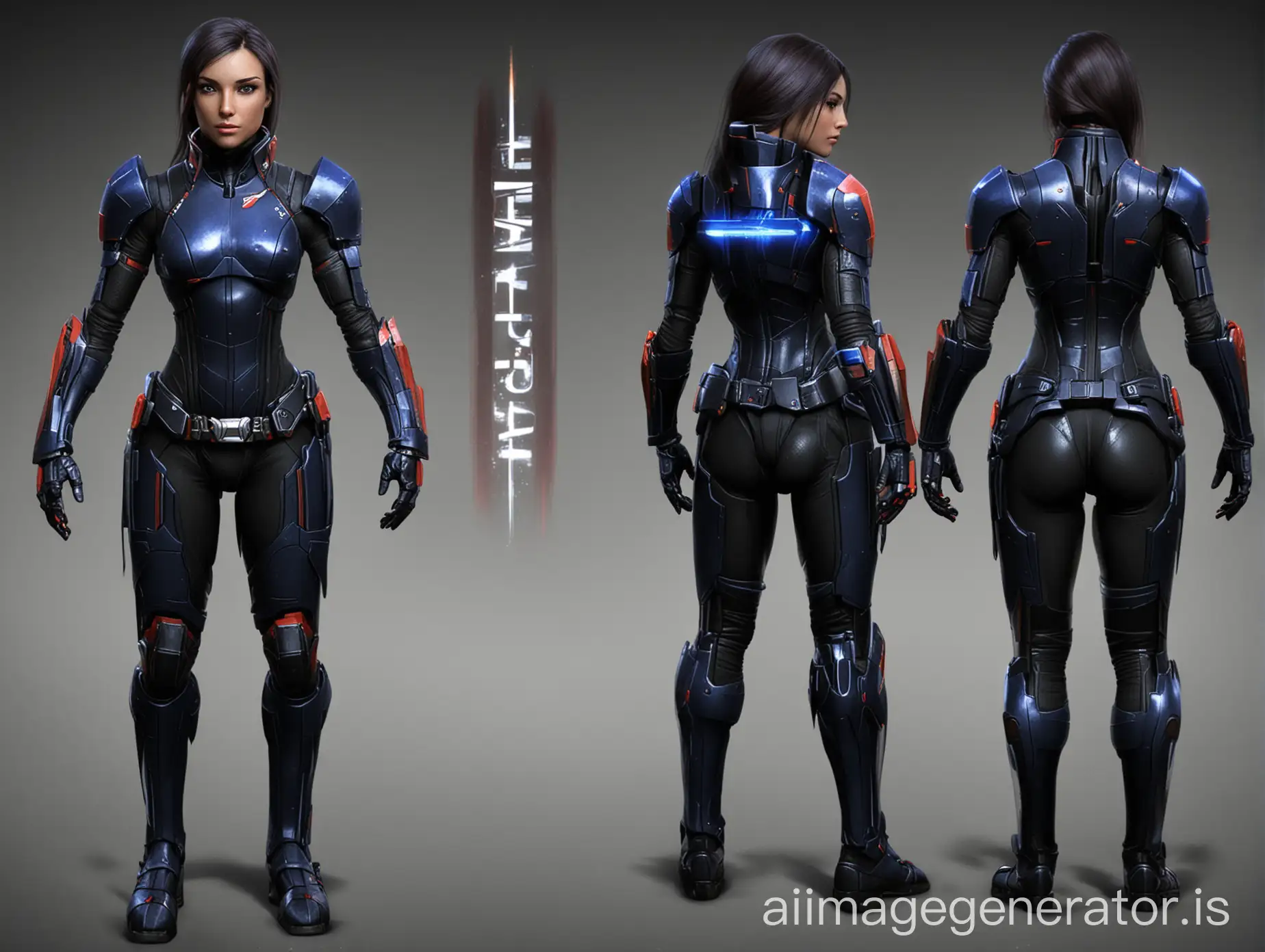 (((Black, (Mass Effect) style) armor, with (indigo highlights & lights), ((female hourglass form) full figure)). No background.