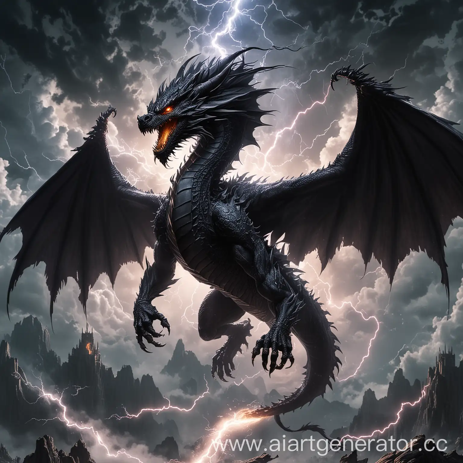 Чёрный дракон которы владеет стихией молнии парит в воздухе
