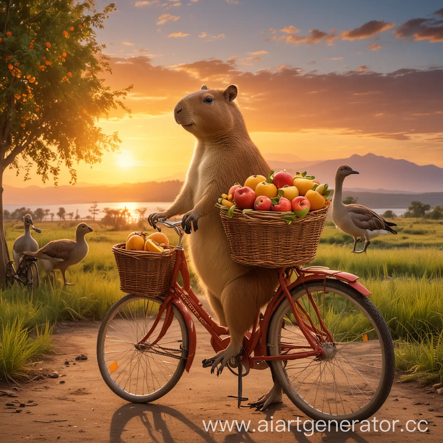 Capibara-Riding-Bicycle-with-Fruit-Basket-at-Sunset