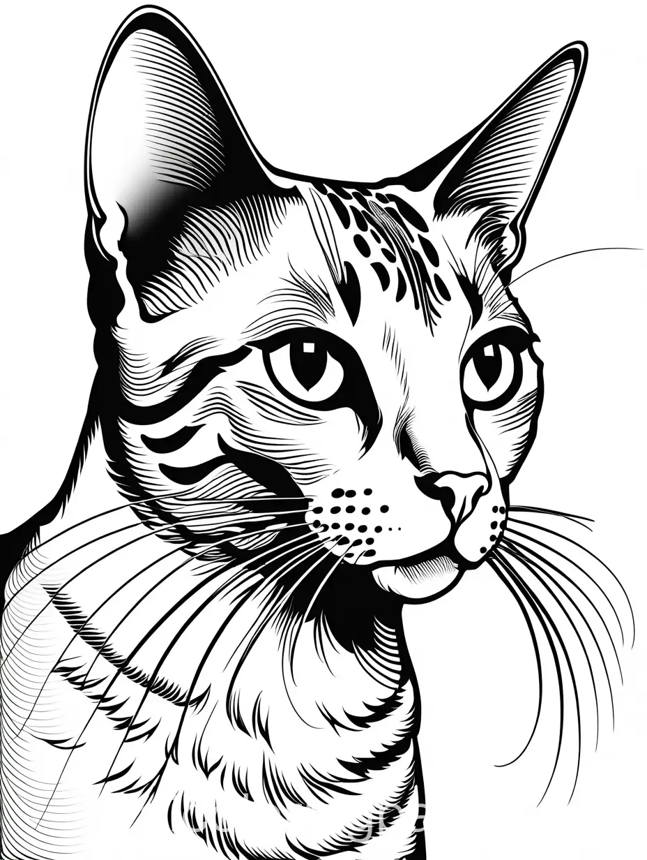 Egyptian Mau cat. Their heads are slightly oblong and traditionally feature either a "scarab beetle" marking on their forehead or an "M" shape—the latter is more common among North American maus. Their ears are broad based and set fairly wide apart, and their slightly almond-shape eyes , Coloring Page, black and white, line art, white background, Simplicity, Ample White Space. The background of the coloring page is plain white to make it easy for young children to color within the lines. The outlines of all the subjects are easy to distinguish, making it simple for kids to color without too much difficulty