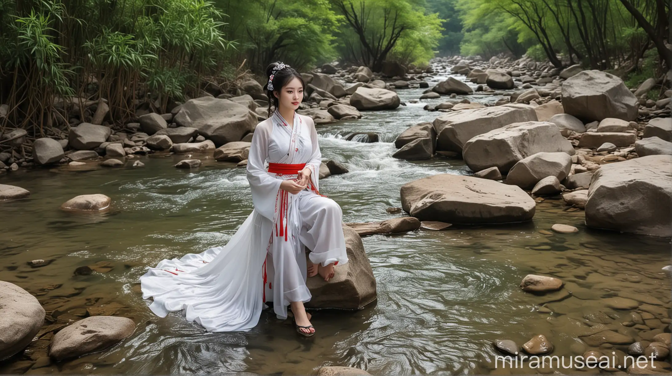 Chinese beauty, by the small river in the mountain stream, pure and beautiful