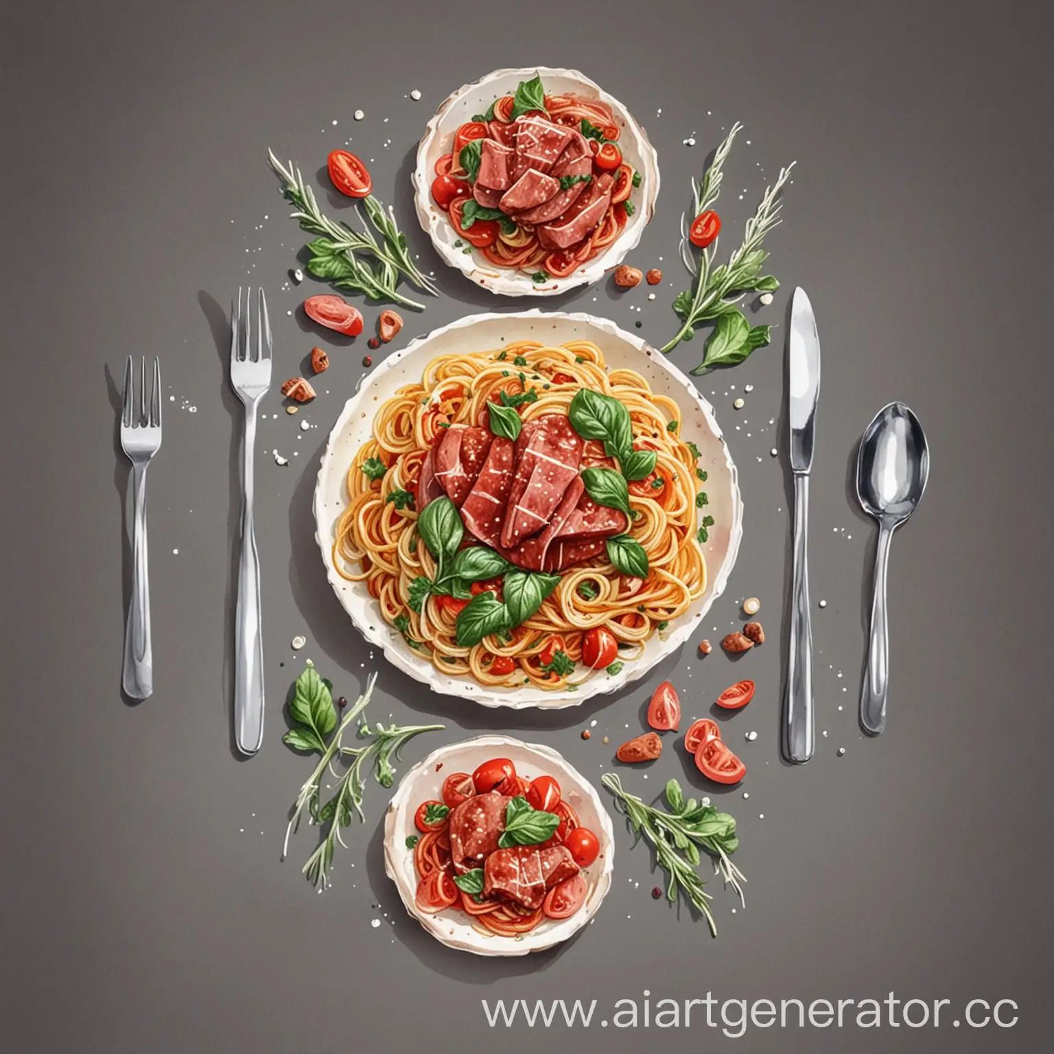Овощи, вилка, ложка, нож ,спагетти, мясо, салат стиль акварель 