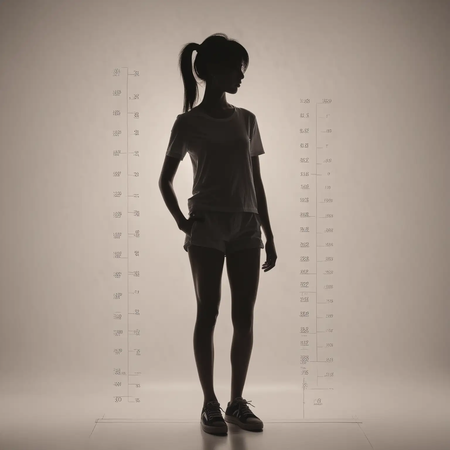 a female silhouette, 穿短袖和短裤, standing upright, facing me ，with a height chart