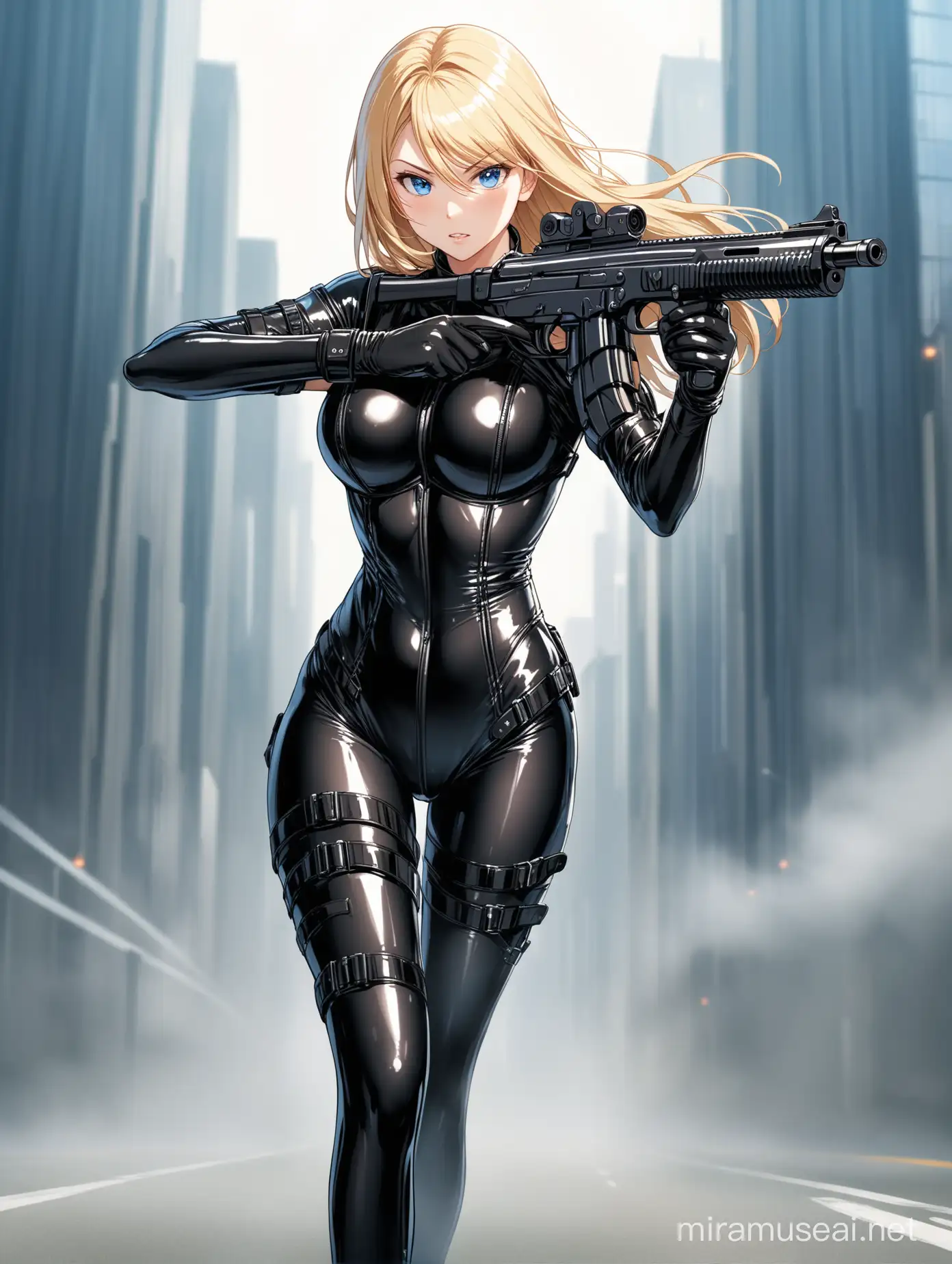 A pretty blond hair woman, assassin, shoulder length hair, blue eyes. holding s uzi 9mm both hands, aiming., standing upright. action pose. wearing a glossy black catsuit. neck collar, fetish corset. long gloves, arm straps. many belts. thigh straps. heavy rubber outfit. fetish wear. solo. ginning, running in a city.