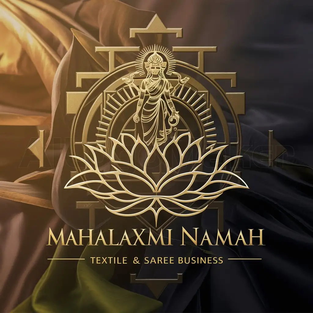 a logo design,with the text "Mahalaxmi Namah", main symbol:Create a logo for "Mahalaxmi Namah," a textile and saree business, reflecting luxury and tradition. The main icon should feature the goddess Mahalaxmi standing gracefully above a lotus, with 'Mahalaxmi' written on it, surrounded by a fully visible Shri Yantra, ensuring it's not obscured by the figure of Mata Laxmi. Utilize a color scheme of gold, black gold, and similar rich tones to convey opulence. The logo should exude sophistication and be suitable for a brand in the textile and saree industry. Be creative while maintaining a sense of tradition and luxury.,Moderate,clear background