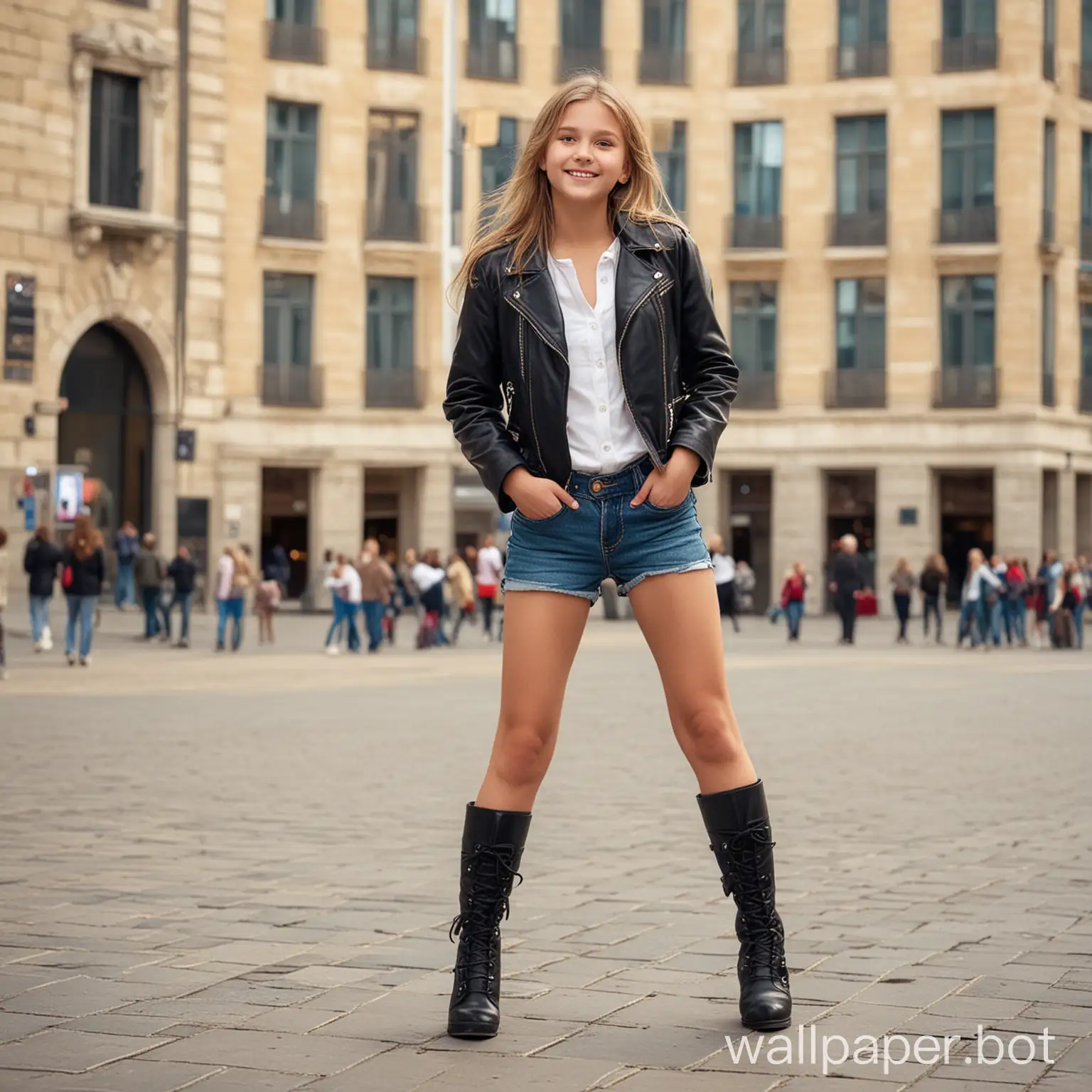 голая девочка 12 лет, городская площадь, много 
девочка  в полный рост, динамичные позы,  smile, heels boots, jacket