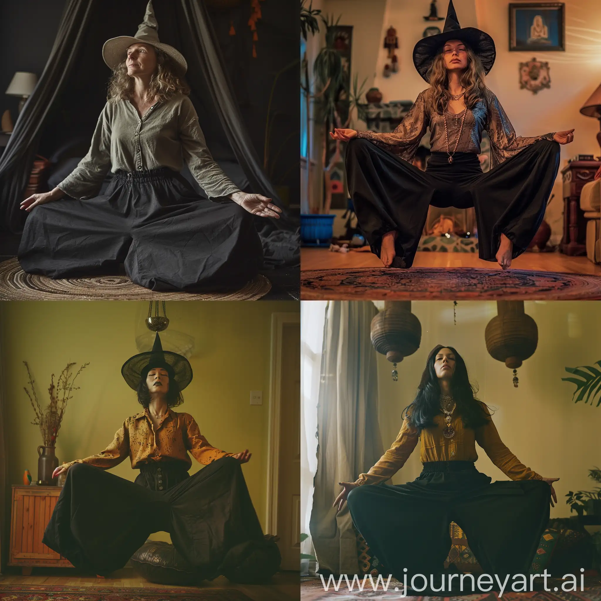 A woman in a witch costume and baggy black office pants levitates at night home in a padmasana.
