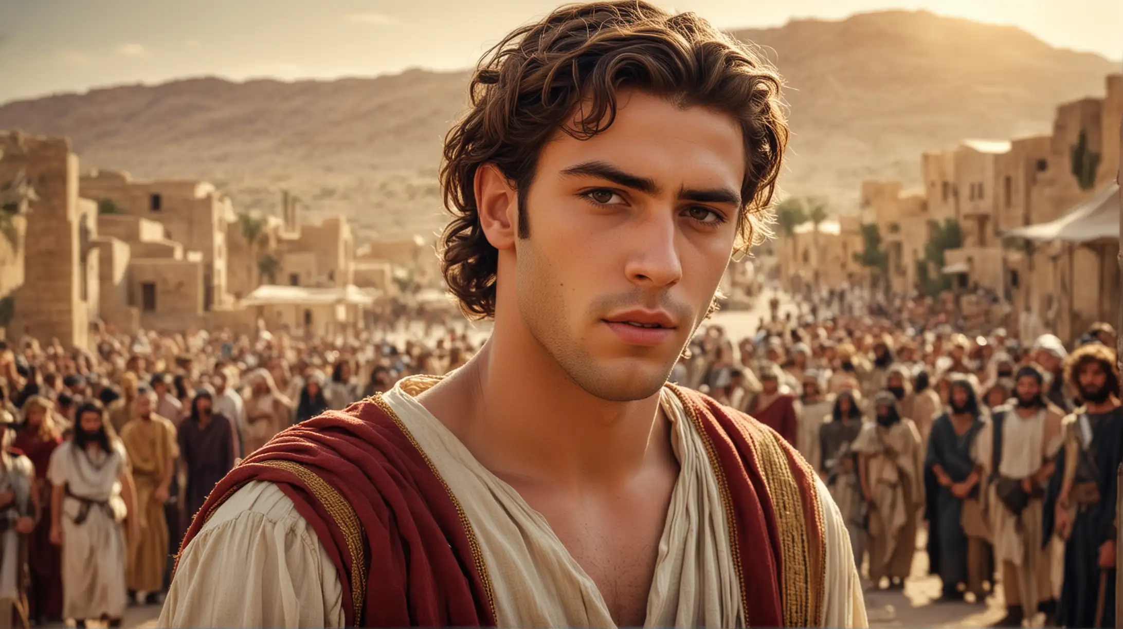 a young handsome King Solomon, with a few men in the background, in a desert city. During the biblical era of King David.