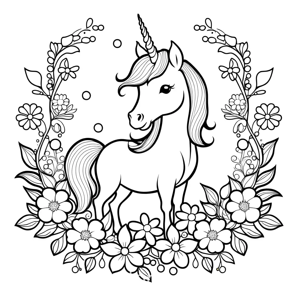 cute happy easy to color cute unicorn  and flowers simple coloring, Coloring Page, black and white, line art, white background, Simplicity, Ample White Space. The background of the coloring page is plain white, Coloring Page, black and white, line art, white background, Simplicity, Ample White Space. The background of the coloring page is plain white to make it easy for young children to color within the lines. The outlines of all the subjects are easy to distinguish, making it simple for kids to color without too much difficulty