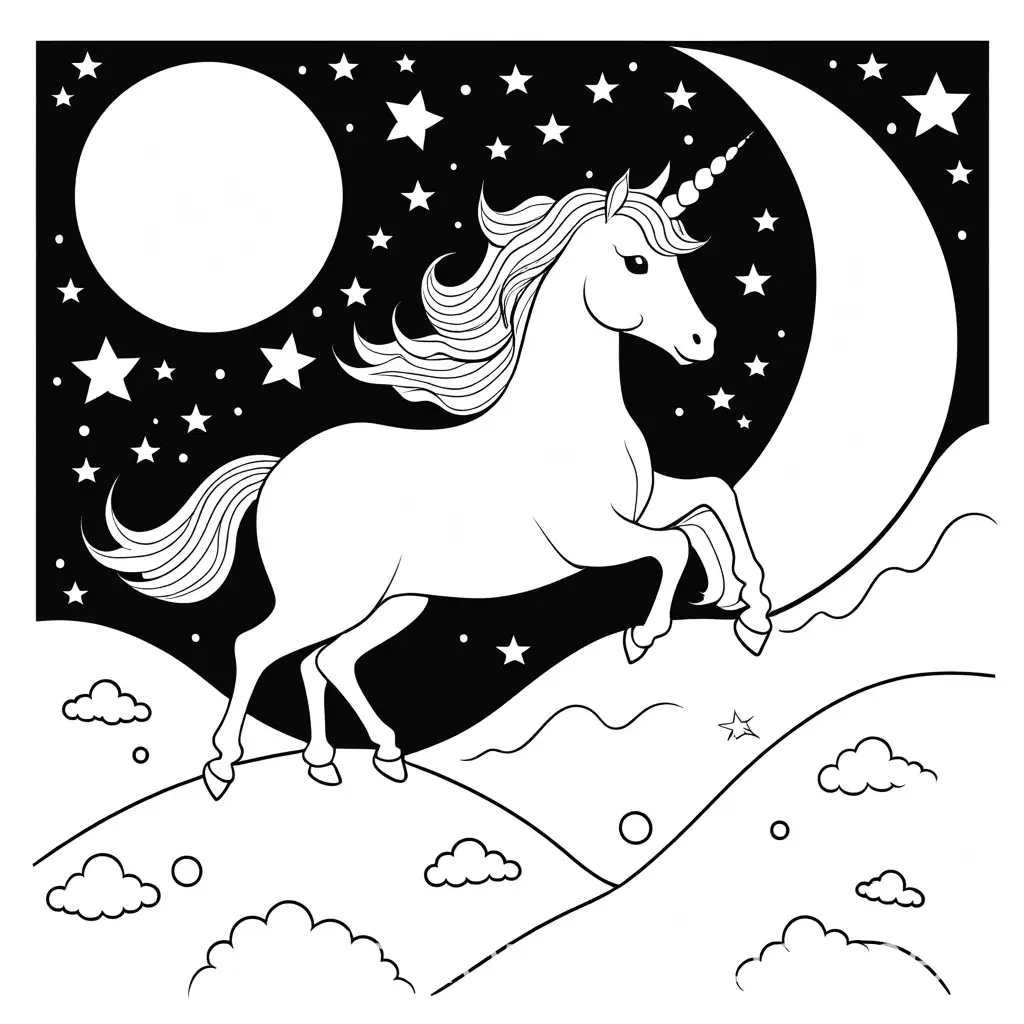 cute happy easy to color  unicorn,  on the moon , simple coloring, Coloring Page, black and white, line art, white background, Simplicity, Ample White Space. The background of the coloring page is plain white to make it easy for young children to color within the lines. The outlines of all the subjects are easy to distinguish, making it simple for kids to color without too much difficulty