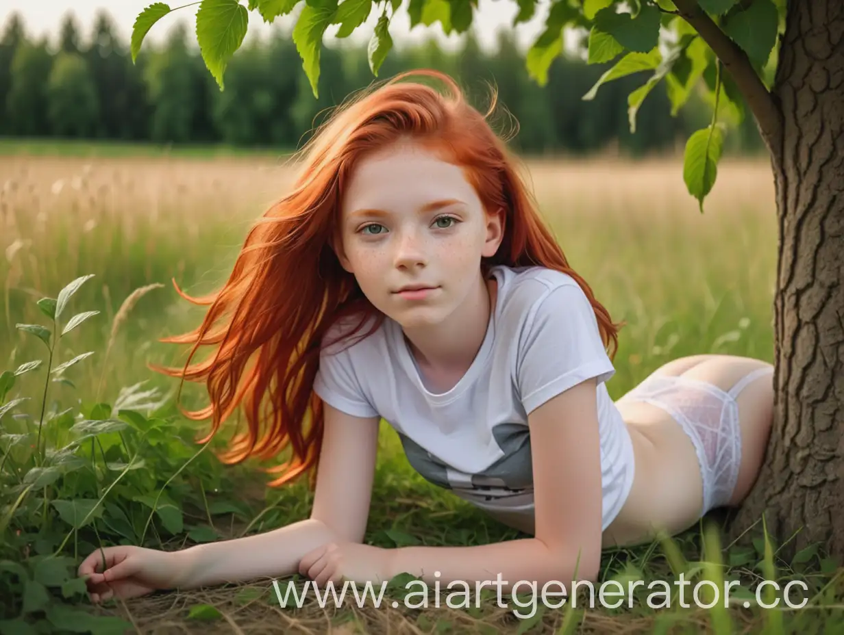 романтичная рыжая девочка 13 лет одета в трусики и футболку лежит в полный рост в траве на спине в поле у дерева