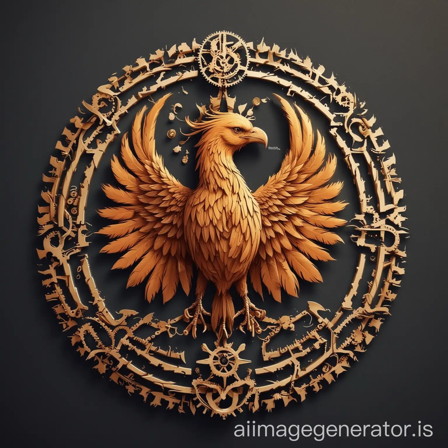 i want a logo for technical and vocational university that show Islamic, scientific and technical sambols. i want this logo circular and use Phoenix feathers without the use of a bird's head and use a gears around of logo that all of thing put in this gear meaning of the connection between industry and science