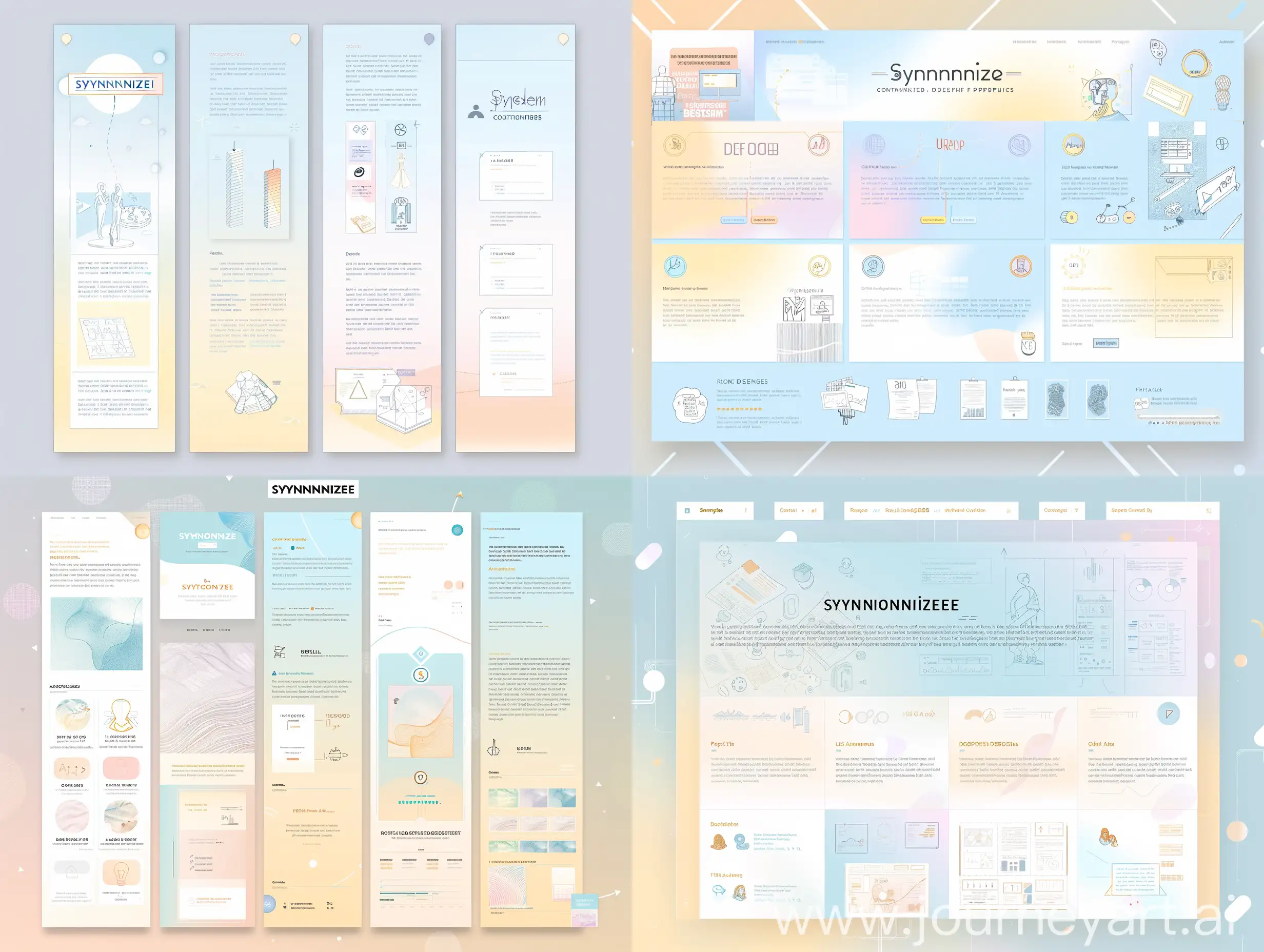 "Design a long-scroll Behance post template for 'Synkronize,' featuring a soft pastel blue (#A3DAFB) and warm pastel yellow (#FFE4A1) gradient color scheme with white (#FFFFFF) accents. The template includes a header section with the project logo and title, an issue statement section with text and icons, a research findings section with infographics, a concept development section with sketches and mood boards, a design process section with step-by-step visuals, a final design section with high-quality images, and a conclusion section with a summary and call to action. Typography is bold and playful for headers, regular for body text, and italicized for captions. Icons are simple and flat, with soft pastel backgrounds. Use rounded edges for buttons and elements, with arrow indicators for navigation and gradient spots for backgrounds."