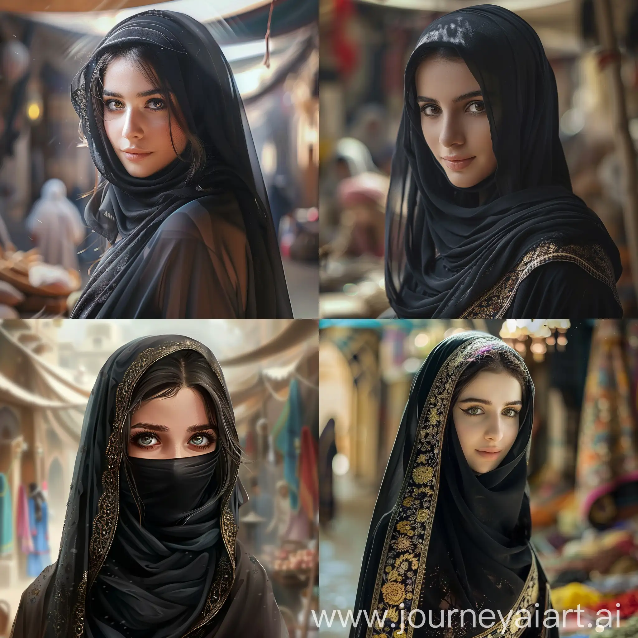 A beautiful young Iranian woman in the 8th century with a beautiful black niqab in the market of Pars, a fantasy and romantic image