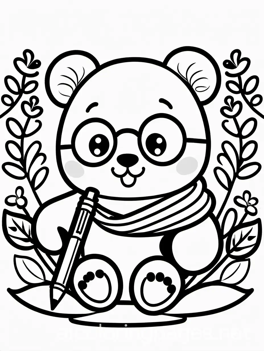 Little panda wearing glasses, coloring page, black and white, holding a pen, calligraphy, white background, simplicity, wide white space. The background of the coloring page is plain white to make it easier for young children to color within the lines. The outlines of all the topics are easy to distinguish, making it easy for children to color without much difficulty, coloring page, black and white, line art, white background, simplicity, wide white space. The background of the coloring page is plain white to make it easier for young children to color within the lines. The outlines of all the themes are easy to distinguish, making it easy for children to color them without much difficulty, Coloring Page, black and white, line art, white background, Simplicity, Ample White Space. The background of the coloring page is plain white to make it easy for young children to color within the lines. The outlines of all the subjects are easy to distinguish, making it simple for kids to color without too much difficulty