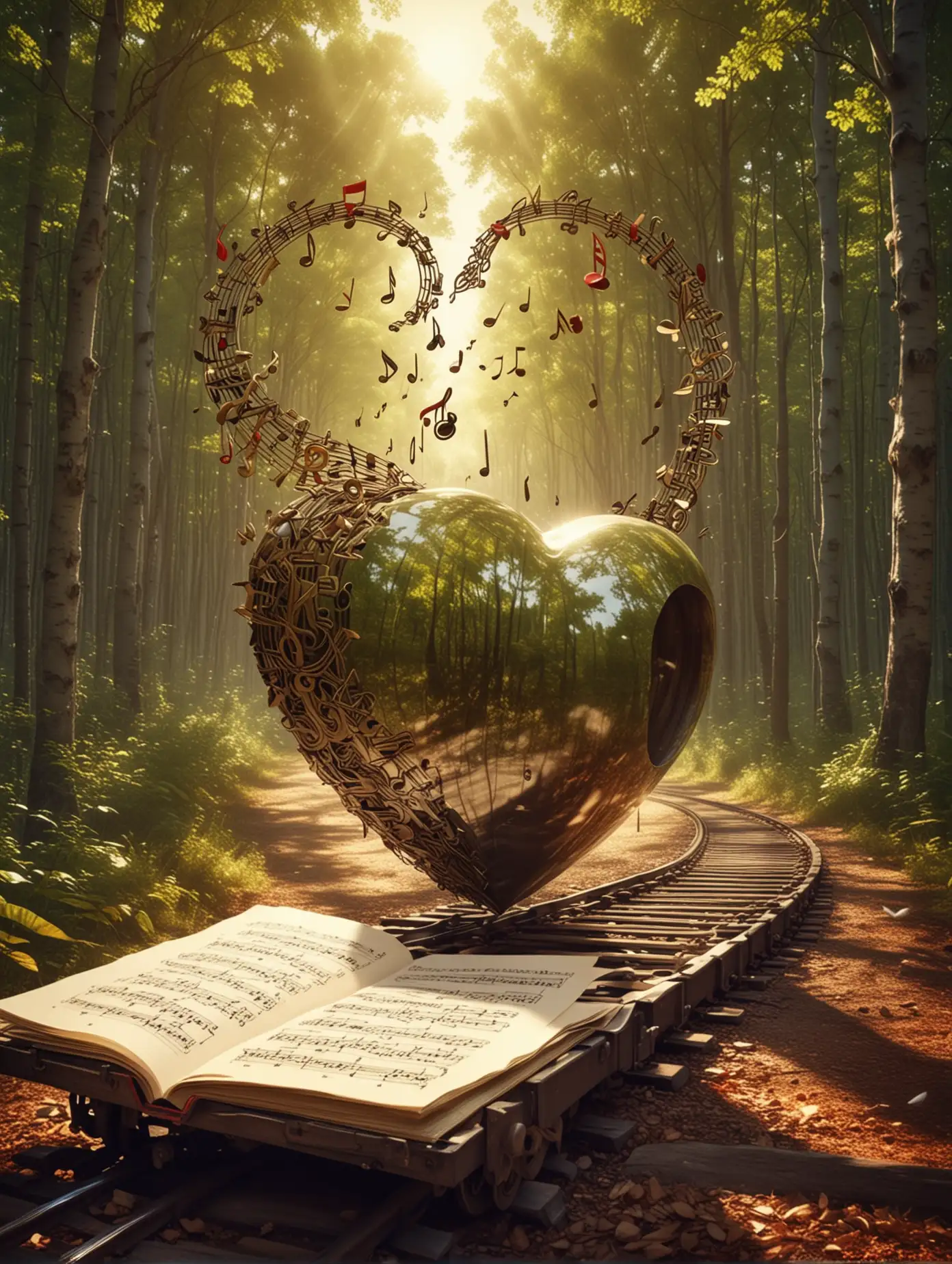 Heart Shaped Musical Train in Forest Magic Realism Art