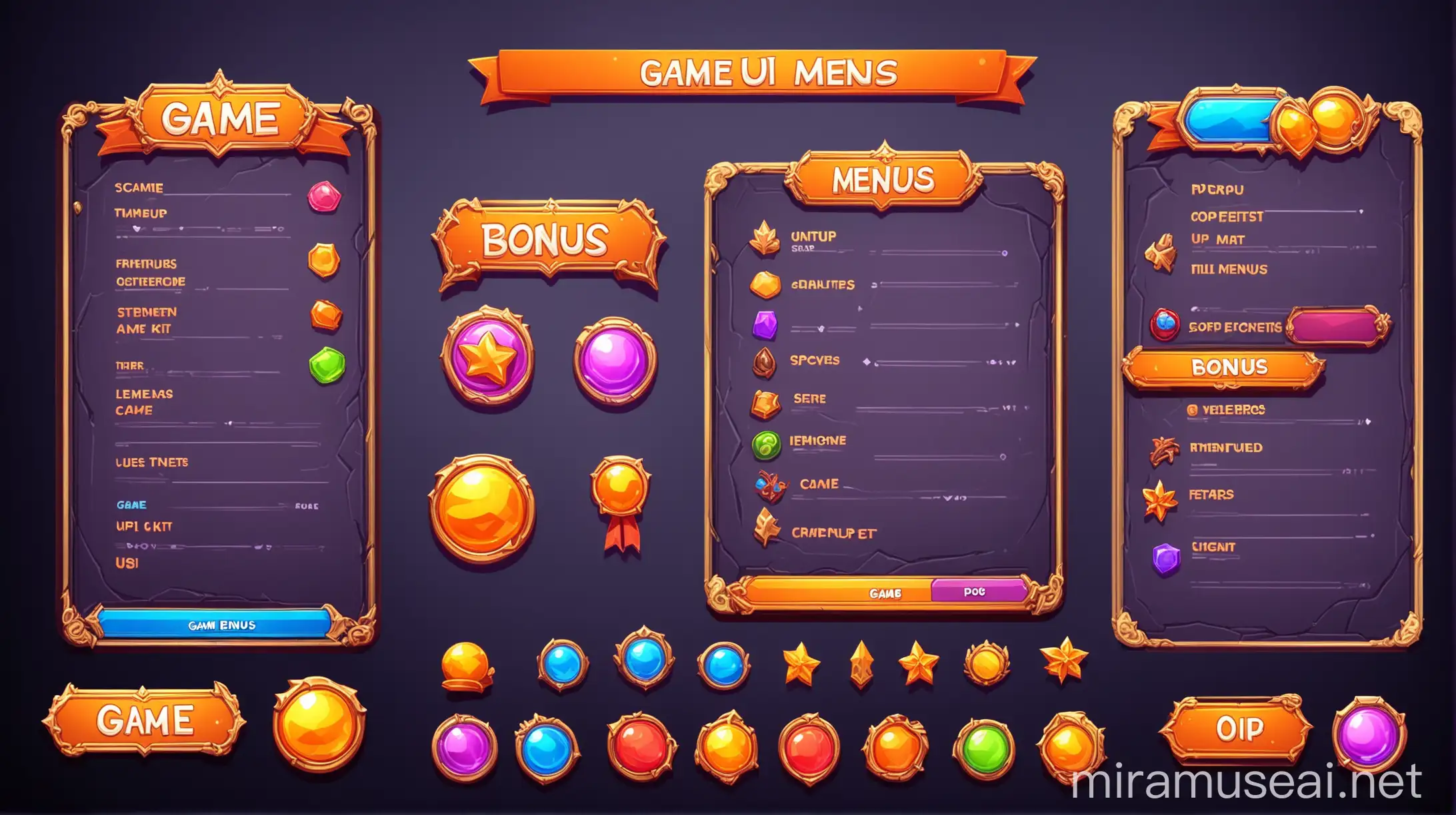 Game ui kit menus pop up screens and game elements background bonus
