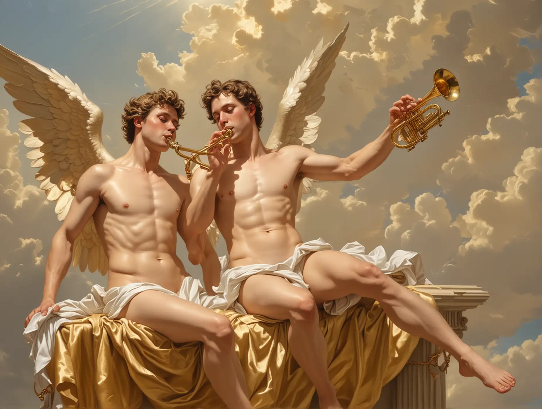 a painting of 2 sitting naked adult male angels with folded wings and wearing a white mantel over a gold dress and no sandals playing a trumpet in the style of Italian artist Vittorio Reggianini.  The setting is a sunlight sky