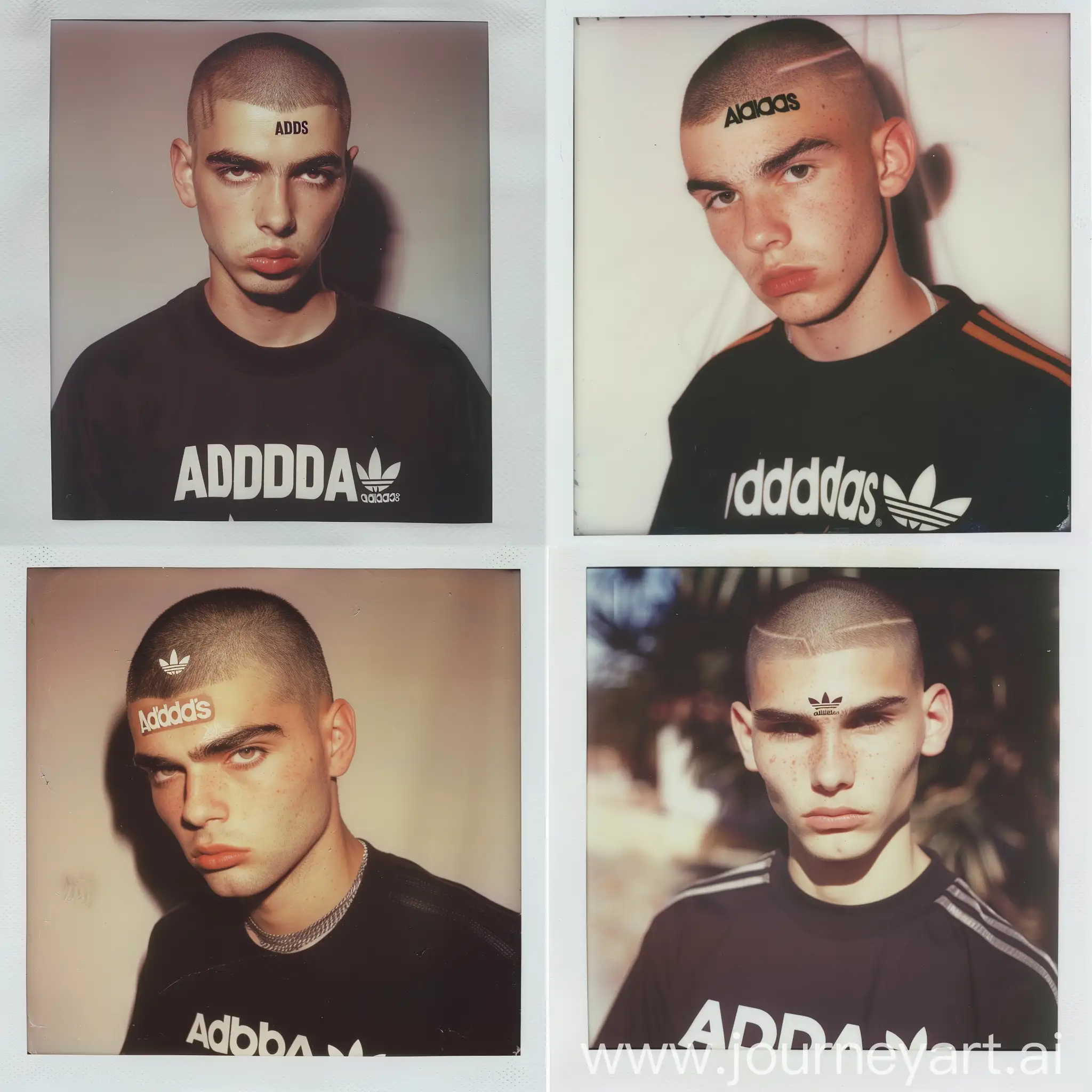 A young man with a shaved head with ADIDAS Logo hair on the forehead and a serious expression look, wearing a black shirt with the word "ADIDAS" printed on it in white letters, film photo, 90s, polaroid
