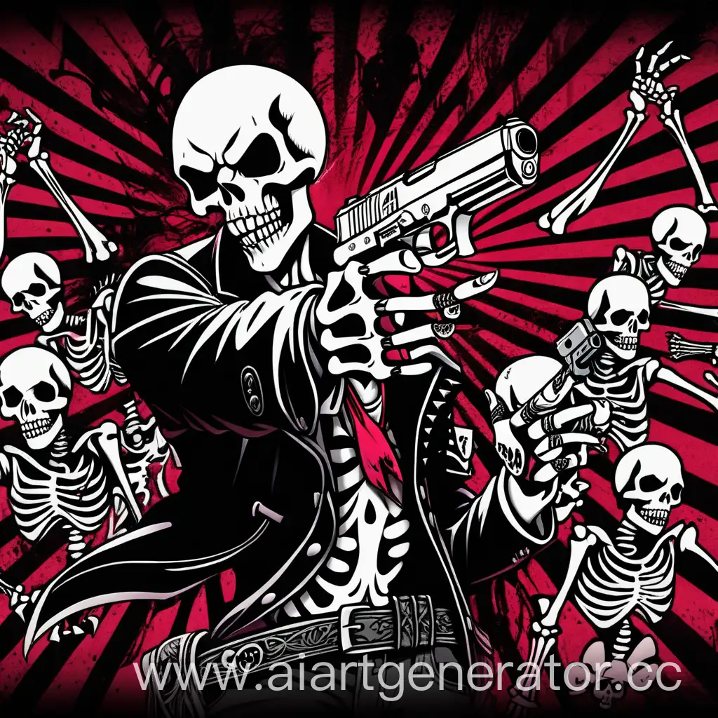 монстр, пистолет, банда, анархия, ужас страх, скелет тычит пистолетом в камеру, аниме, на фоне черепа очень много 