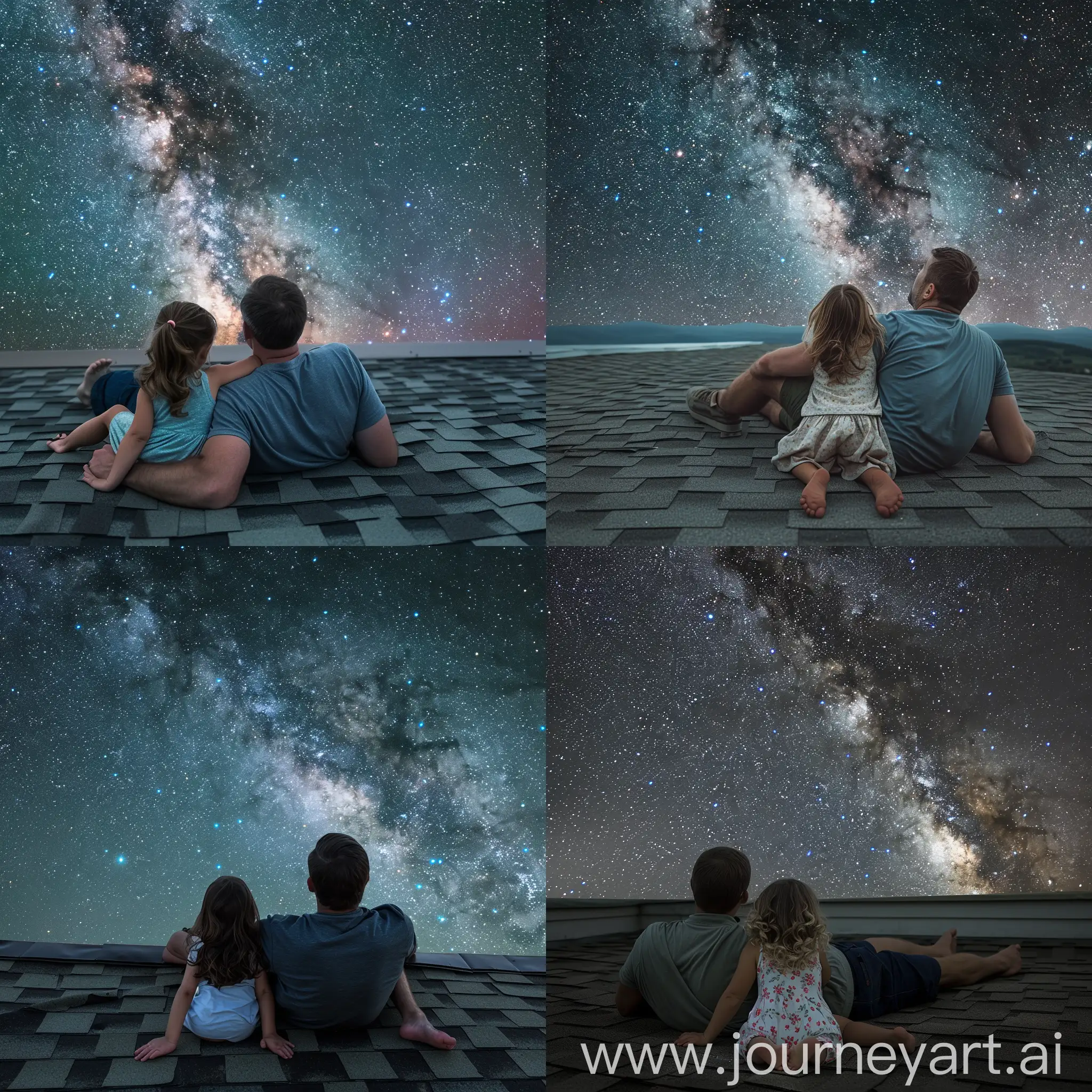 有一个父亲，带着年幼的女儿，在家里的楼顶躺着看星星，漫天的星星和银河系，女儿觉得很幸福