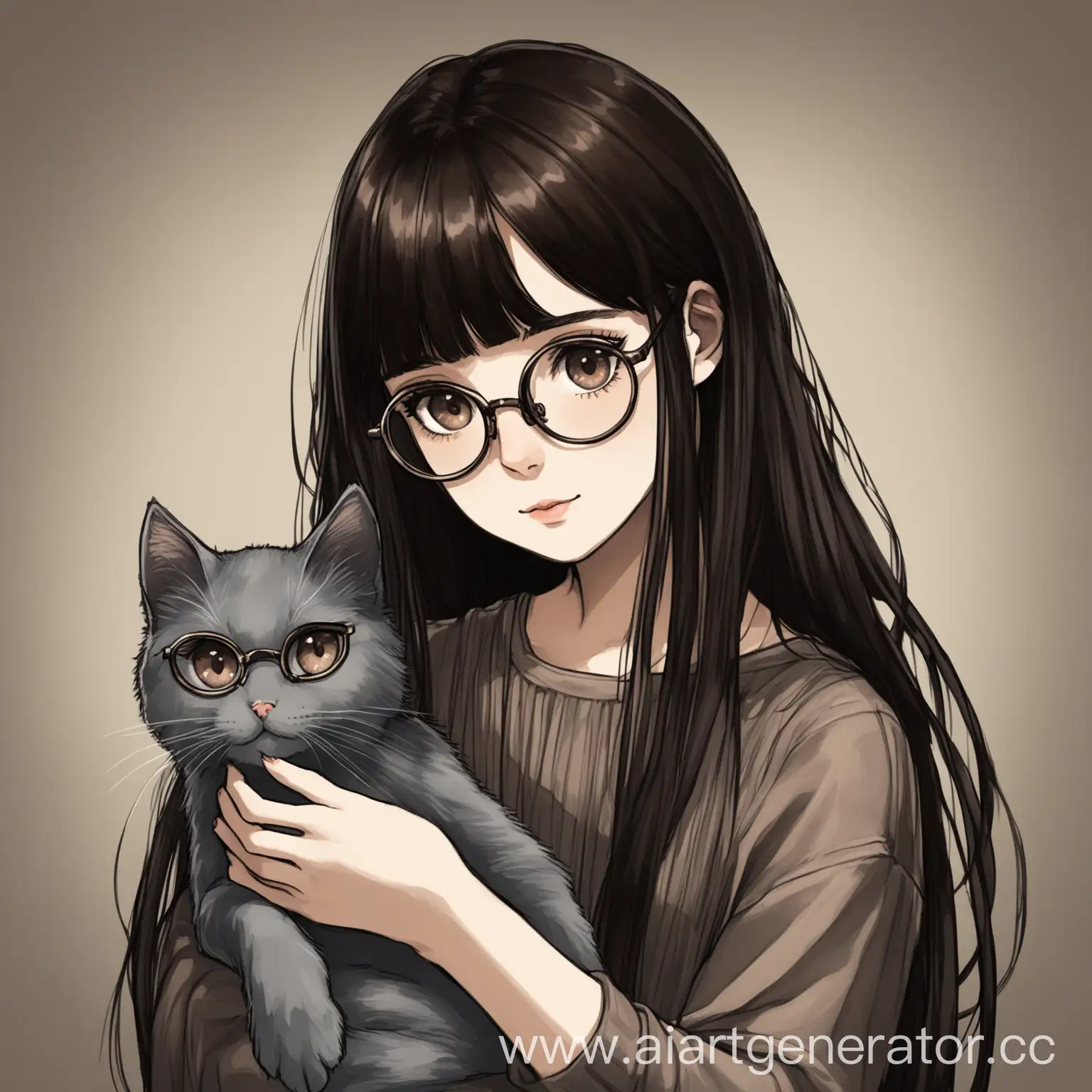 нарисуй девушку с длинными темными волосами и челкой, темно карие глаза и очки. она держит на руках серую кошку