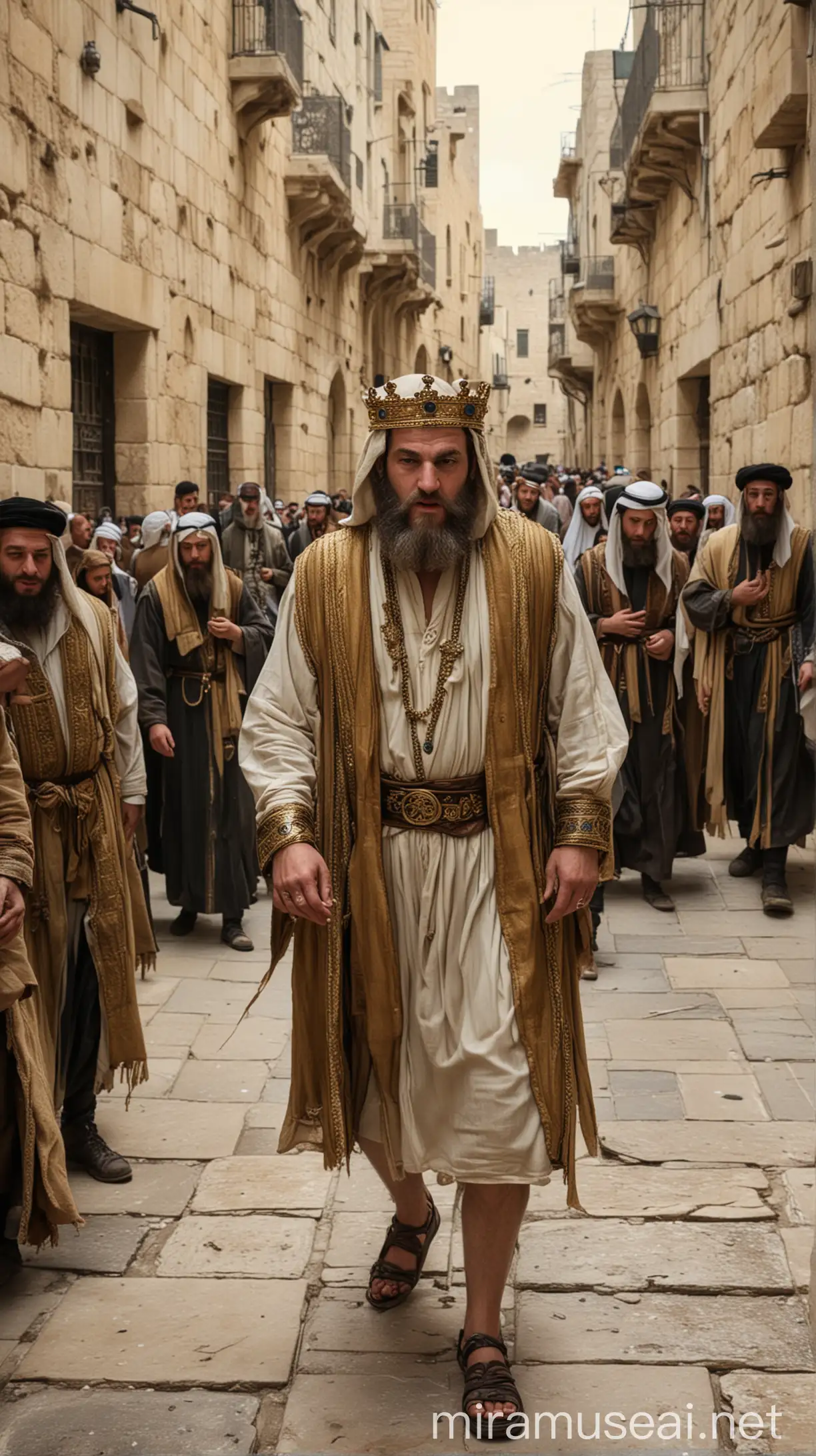 Jewish king tremble in the street of Jerusalem  in ancient world 