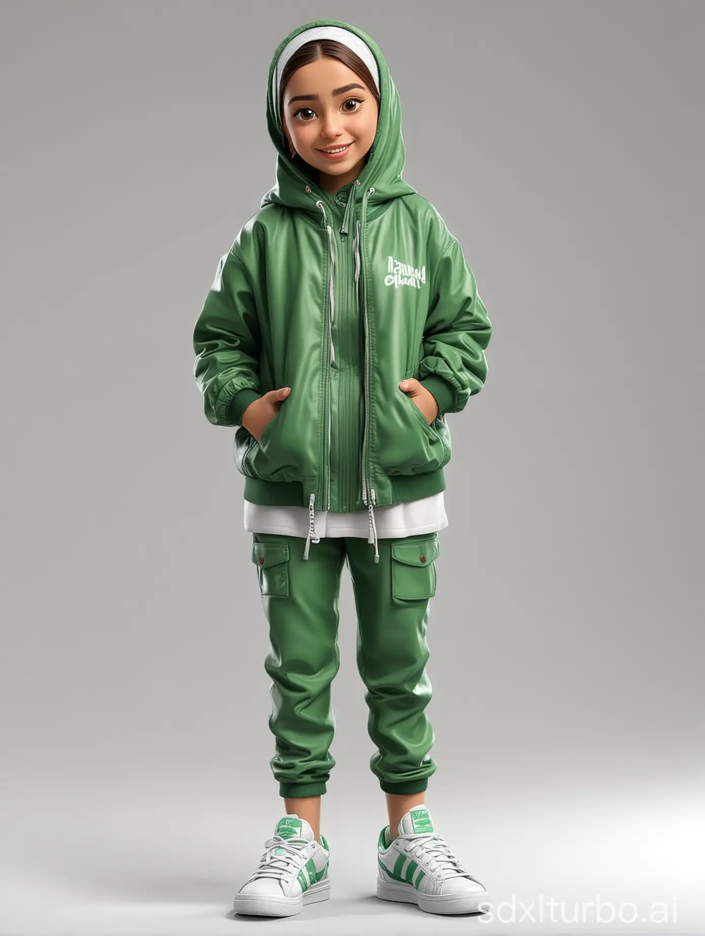 Full of 3D caricature of a moslem girl wearing a green jacket, white and green sneakers, standing like a model. White background. Realistic.