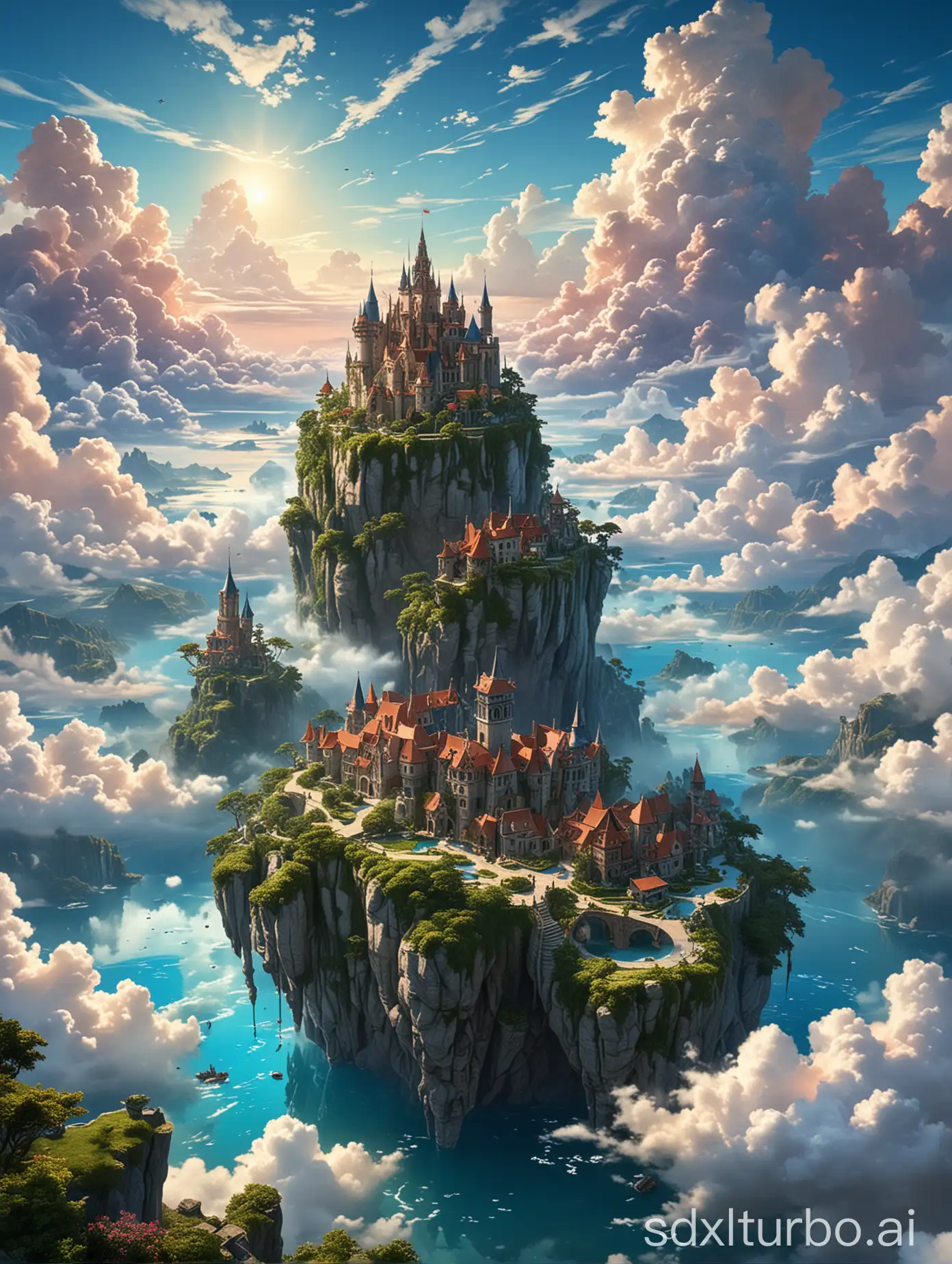A majestic fantasy landscape with floating islands above a sea of clouds. The main island features an intricate medieval-style structure with arches and a towering building with a spire. Lush greenery, pools, and pathways adorn the island, creating a serene oasis in the sky. In the background, other similarly designed floating landmasses are visible, showcasing more architectural wonders and enhancing the dreamlike ambiance. The scene is bathed in vibrant colors under a clear blue sky with scattered, fluffy clouds.
