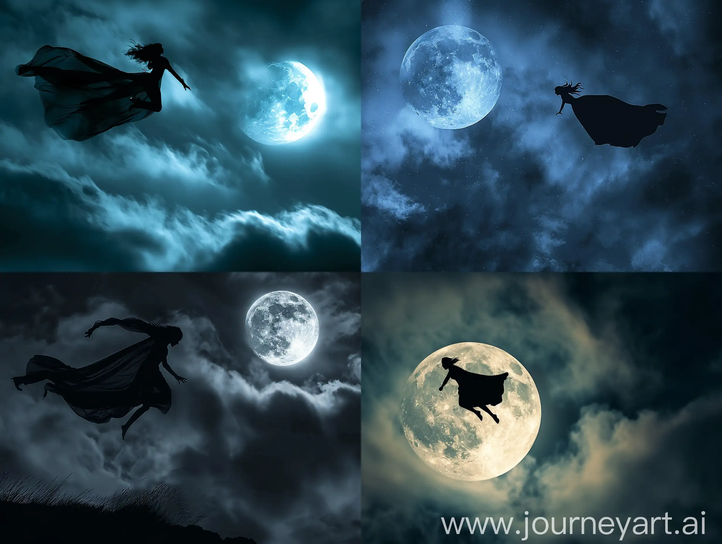 Silhouette-of-a-Flying-Caped-Woman-in-Dramatic-Night-Sky