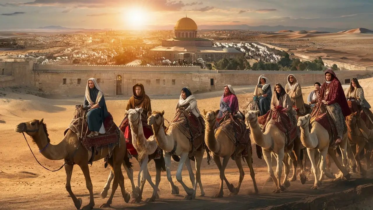 Caravan Leaving Jerusalem at Sunrise with Camels and Horses