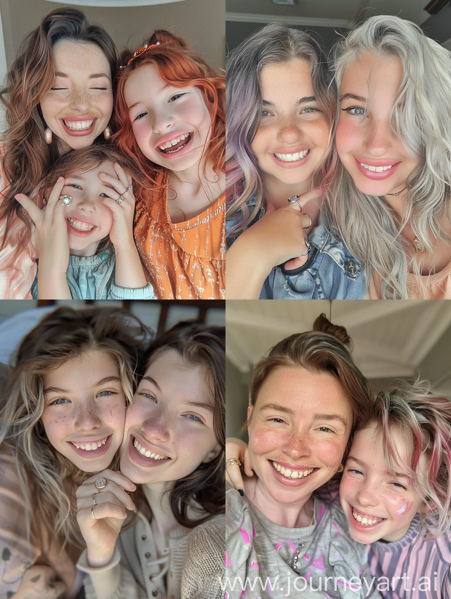 Aesthetic Instagram selfie of a 40 year old mother and her 15 year old daughter with Autism, close up selfie, cute moment together, smiling brightly, adorable, full hair, different hairstyles for each girl, rings 
