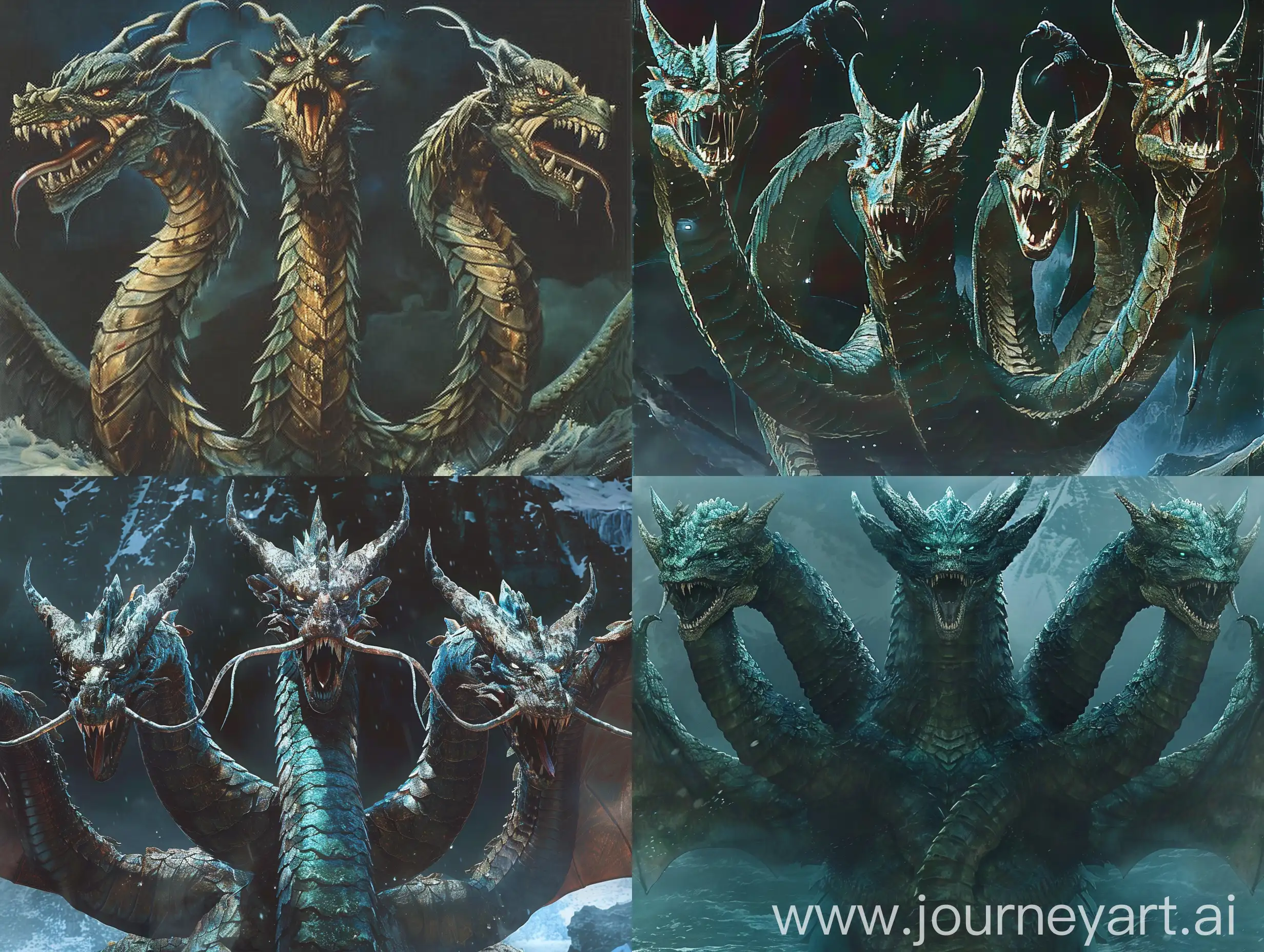 dvd screenshot of 1987 Dark Souls fantasy film Illustrated. Dark fantasy book illustration art. Lernaean Hydra, inspired by the King Ghidorah, featuring a colossal, dragon-like body with three distinct heads. Each head boasts sharp, menacing eyes, rows of gleaming, razor-sharp teeth, and a forked tongue. The body is muscular and covered with tough, shiny scales that range in color from dark emerald to a subtle midnight blue, giving the creature a camouflaging ability in dark waters or night skies. Attach robust, leathery wings, similar in texture to those of bats but with the massive span and strength of a dragon’s wings, enabling powerful gusts of wind as they beat. The tail is long and flexible, ending in spiky, barbed tips that can be used as lethal weapons. Each neck is long and serpentine, allowing the heads independent movement to strike from multiple angles, heightening its fearsome presence in any mythical scenario you envision.Simply giant under the great snow mountain. Dark fantasy book illustration art.