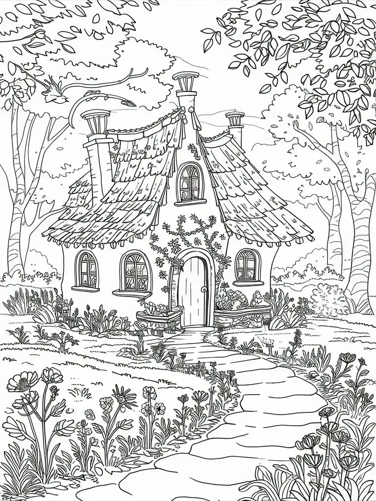 Whimsical woodland cottage house with flowers and a walkway, in black ink on white page for coloring book
