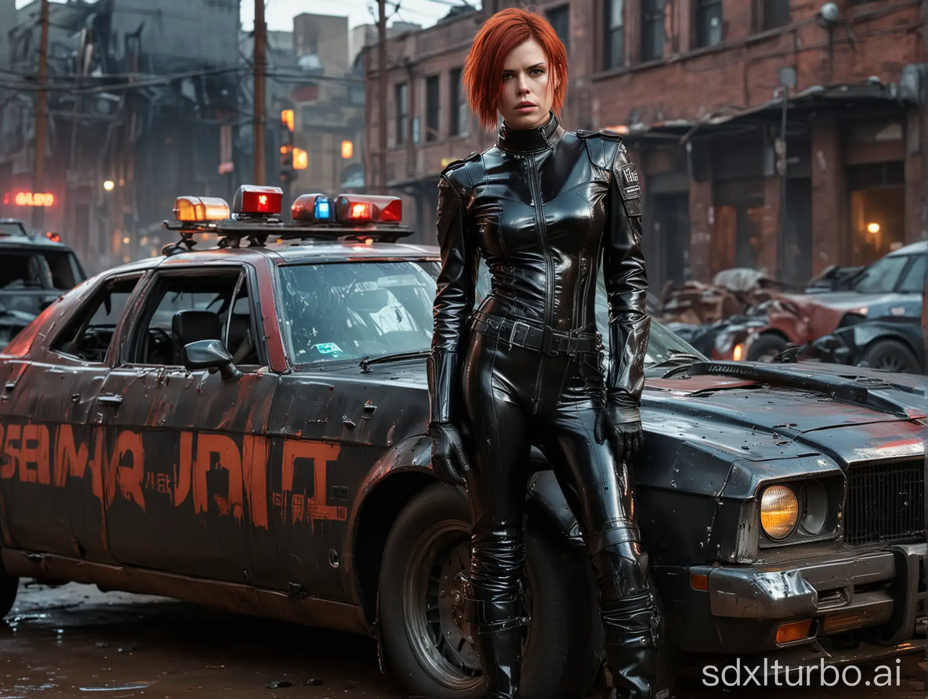 realistic photo cyberpunk police Clea Duvall with red hair and standing , wearing black low-cut shinny pvc catsuit , shinny pvc jacket , wearing long shiny pvc gloves , wearing shinny pvc thigh high boots , in destroyed cyberpunk city , next to mad max police car , inlighted with neons
