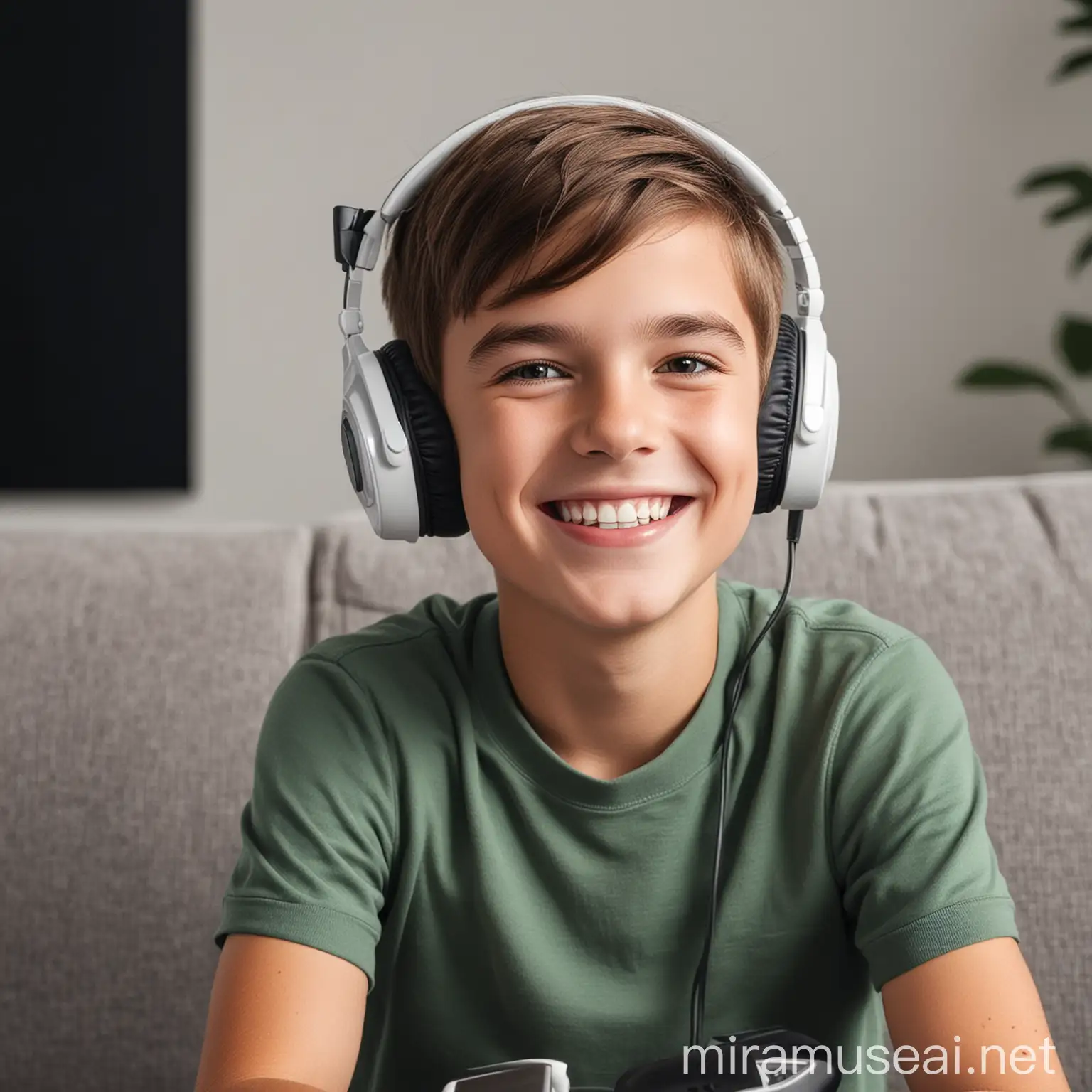 Joyful Young Boy Wearing Gaming Headphones
