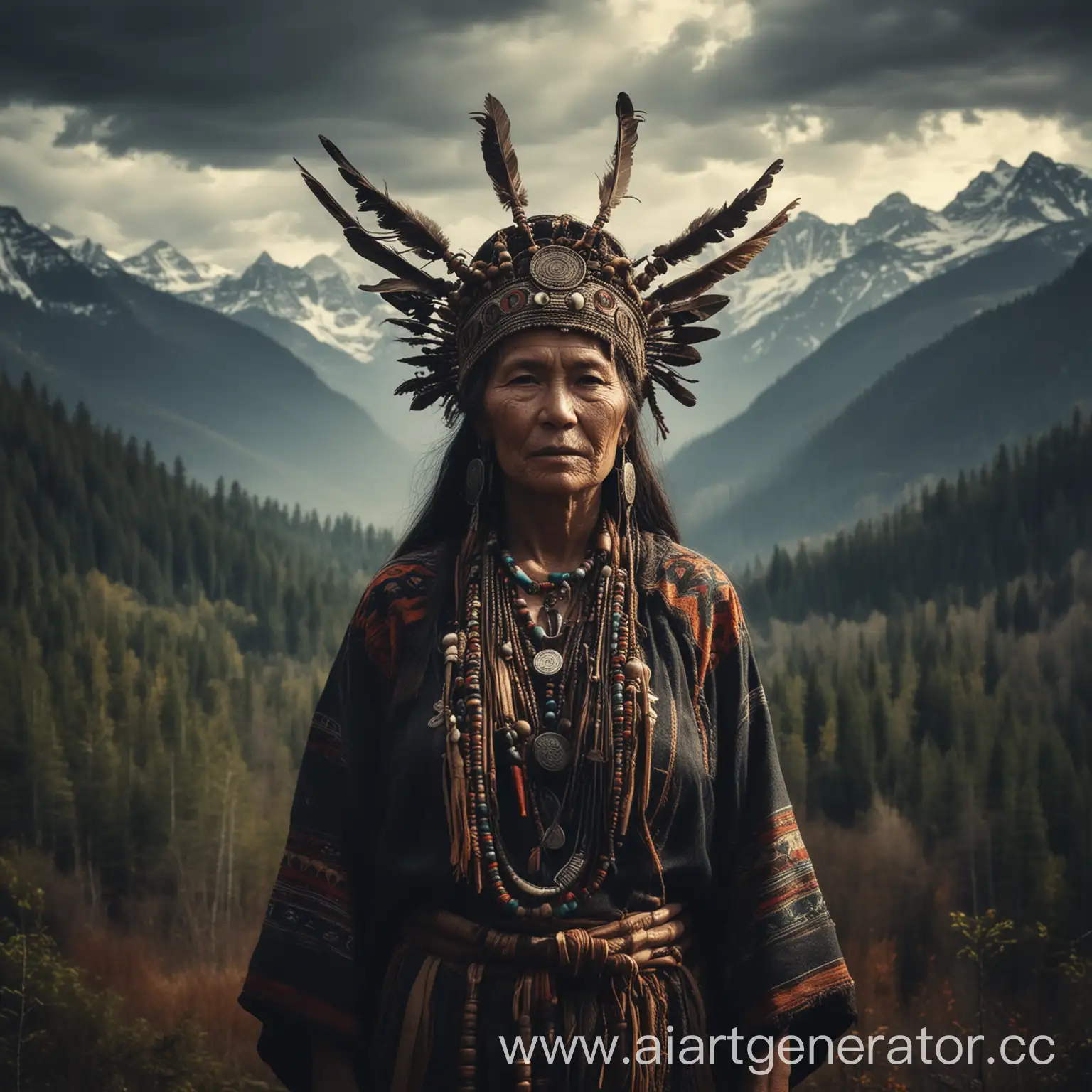 Ancient-Shaman-Woman-Silhouetted-by-Dark-Forest-and-Mountains