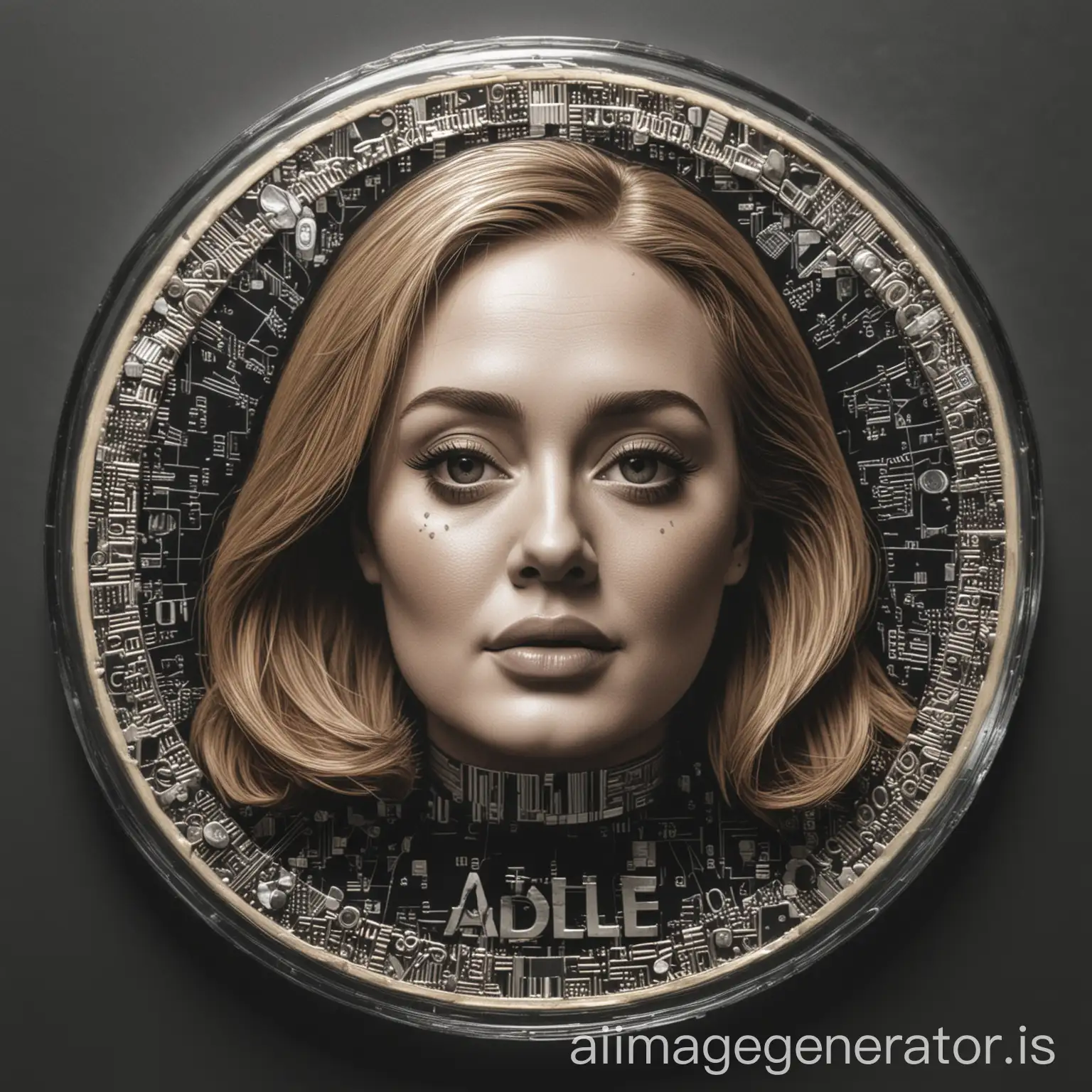 Futuristic crypto currency token with 3d photo of adele on the front of the token.