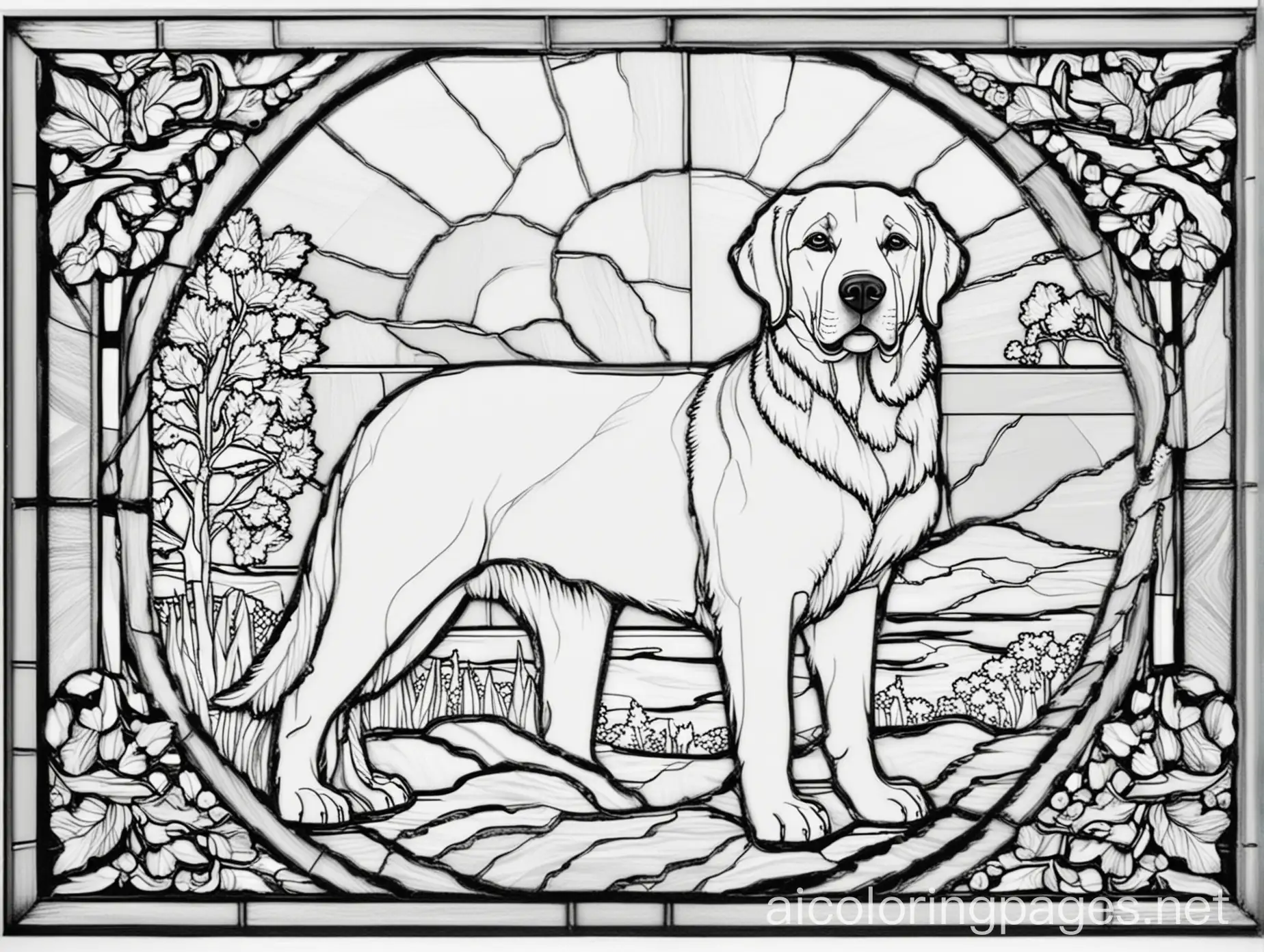 Golden Labrador stained glass window, Coloring Page, black and white, line art, white background, Simplicity, Ample White Space. The background of the coloring page is plain white to make it easy for young children to color within the lines. The outlines of all the subjects are easy to distinguish, making it simple for kids to color without too much difficulty