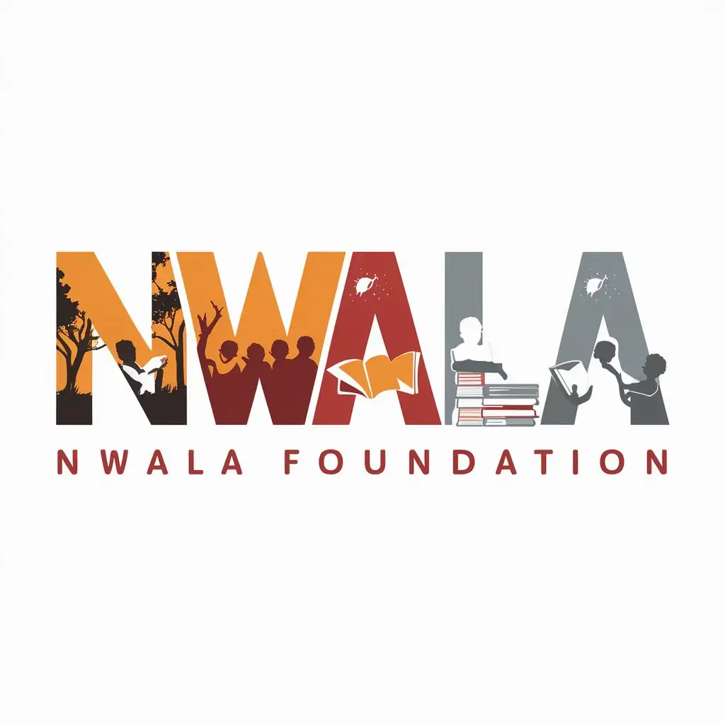 create a logo for of orange, red, grey 'Nwala Foundation. white background, no outline, no shadows, flat illustrations incorporate african childrens literature embedded as letters into logo