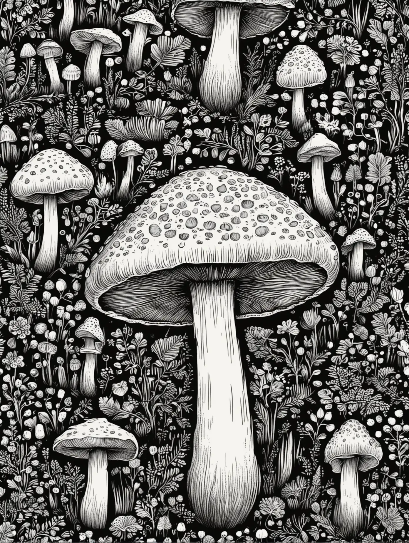Classic Black and White Mushroom Pattern Illustration