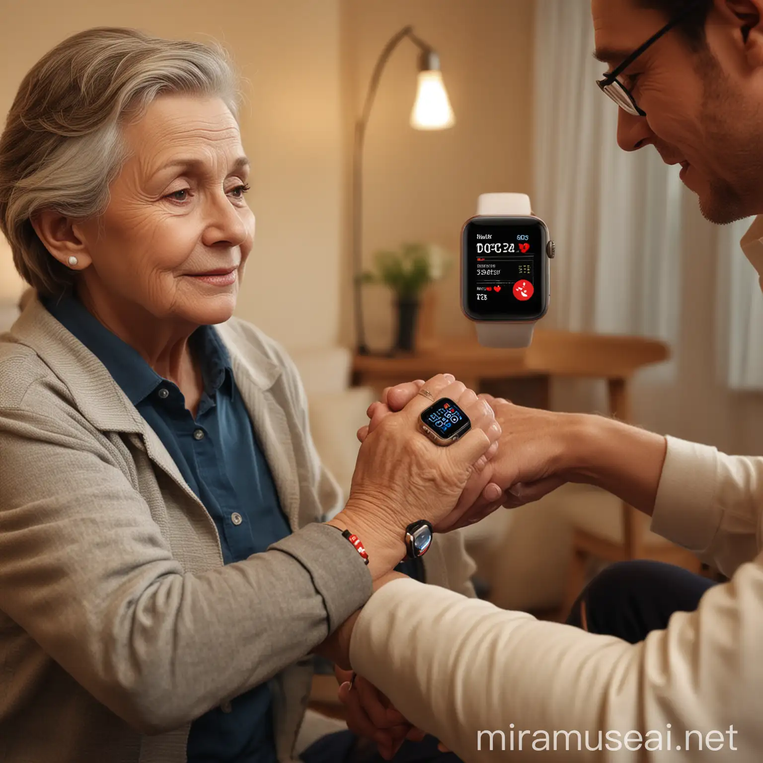 Son Supporting Elderly Mother with Modern Healthcare Smart Watch