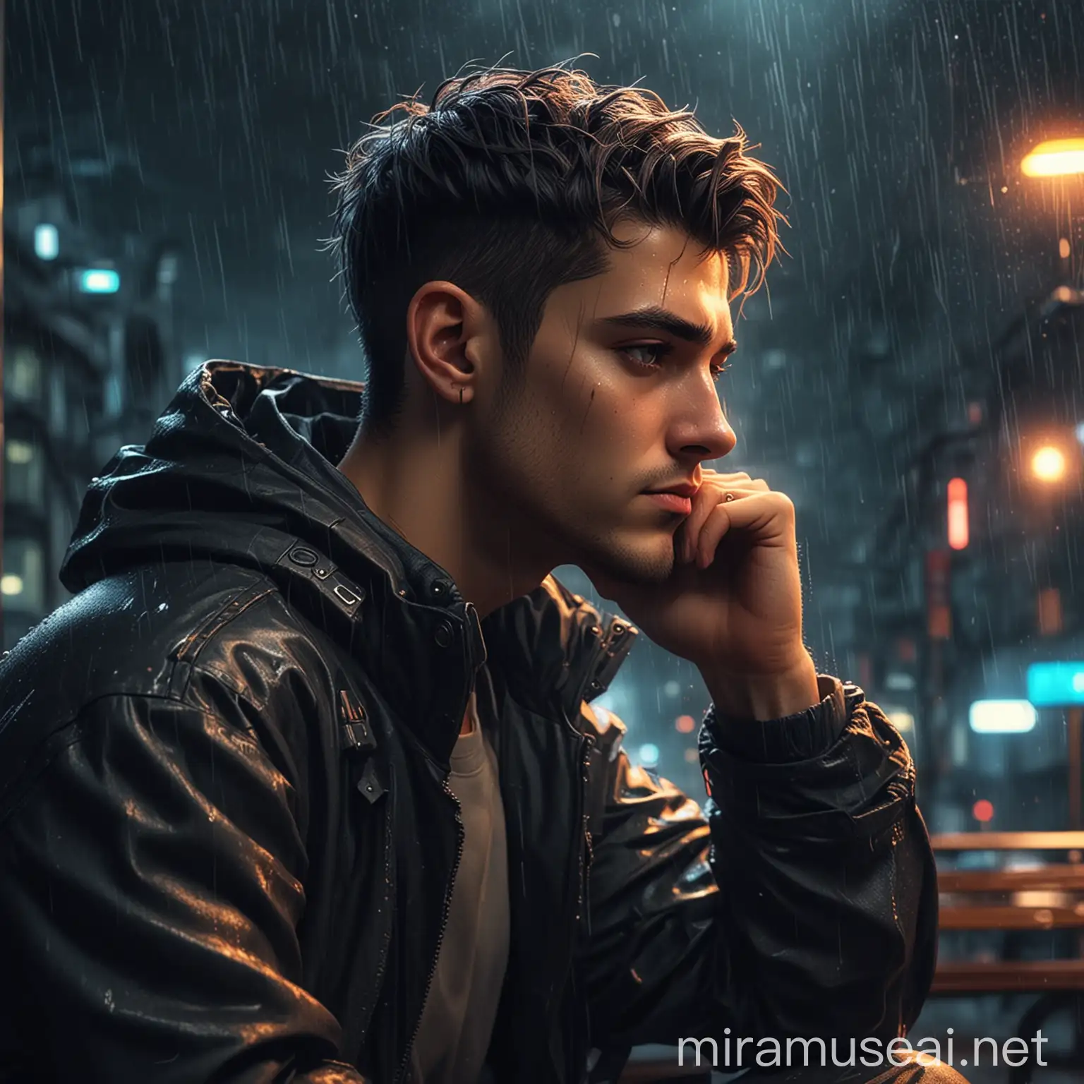 мультяшный красивый человек на скамейке грустно думает о чем то в киберпанковом освещении под дождем 