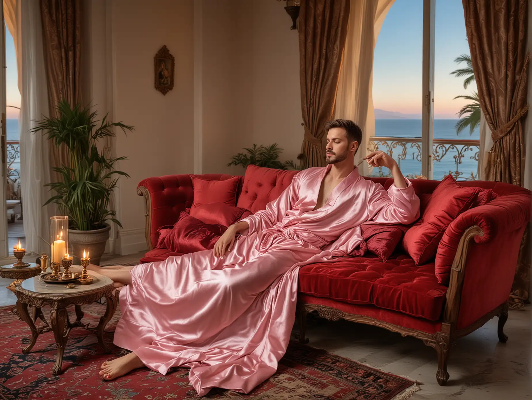 Serene Young Man in Pink Robe by Ocean View Boldini Style Portrait