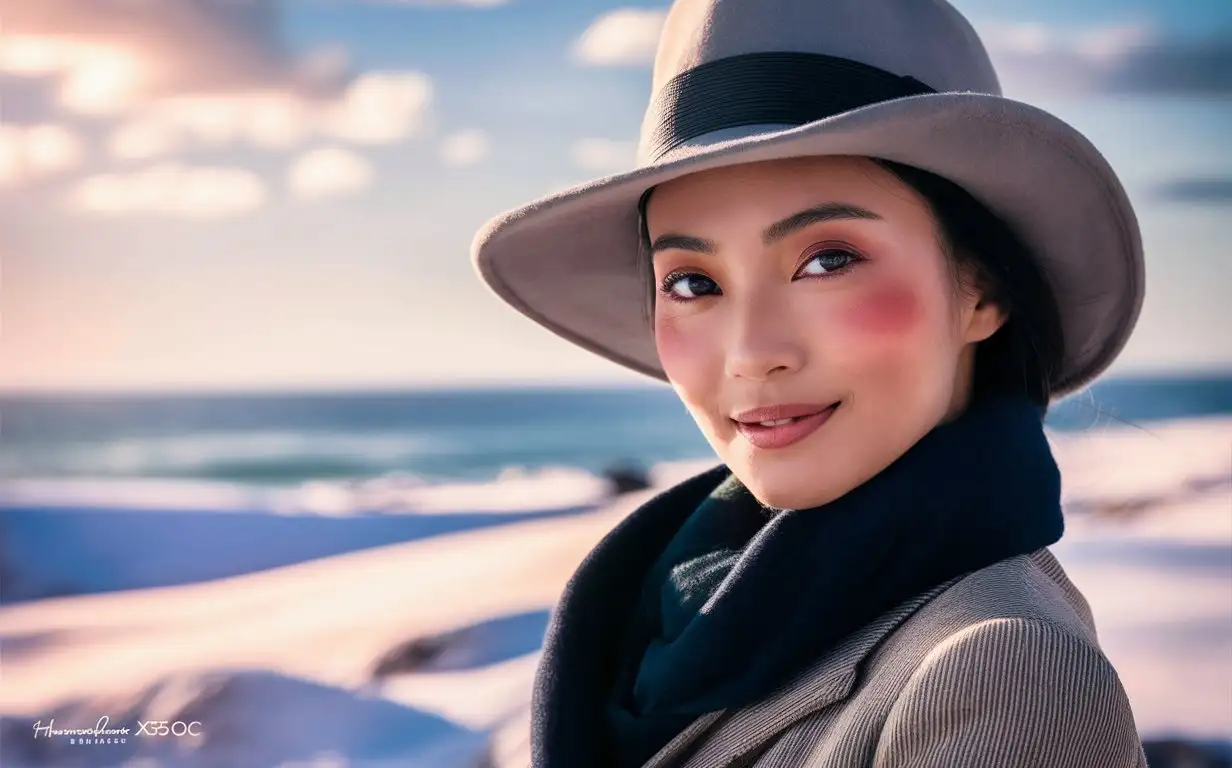 Portrait of Vietnam woman in a hat, 20 yo，cold winter, snowy, with winter outfit, with light red powder blusher, in a close up shot, with sunlight, outdoors, in soft light, with a beach background, looking at the camera, with high resolution photography, in the style of Hasselblad X2D50c