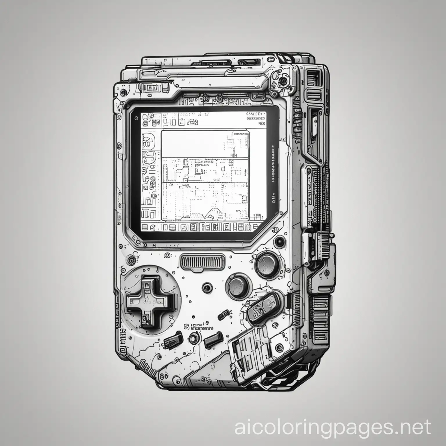 A cyberpunk Gameboy, Coloring Page, black and white, line art, white background, Simplicity, Ample White Space. The background of the coloring page is plain white to make it easy for young children to color within the lines. The outlines of all the subjects are easy to distinguish, making it simple for kids to color without too much difficulty