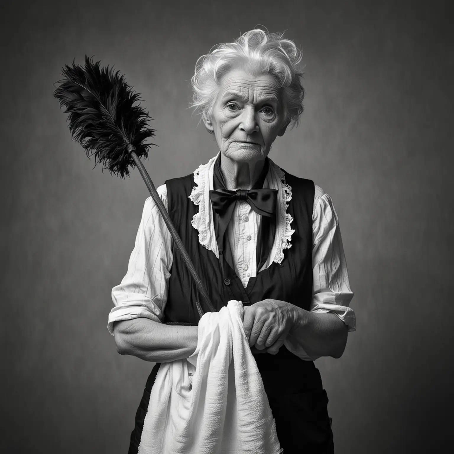 Elderly Maid with Feather Duster in Hand and Towel Over Arm in Black and White Artwork