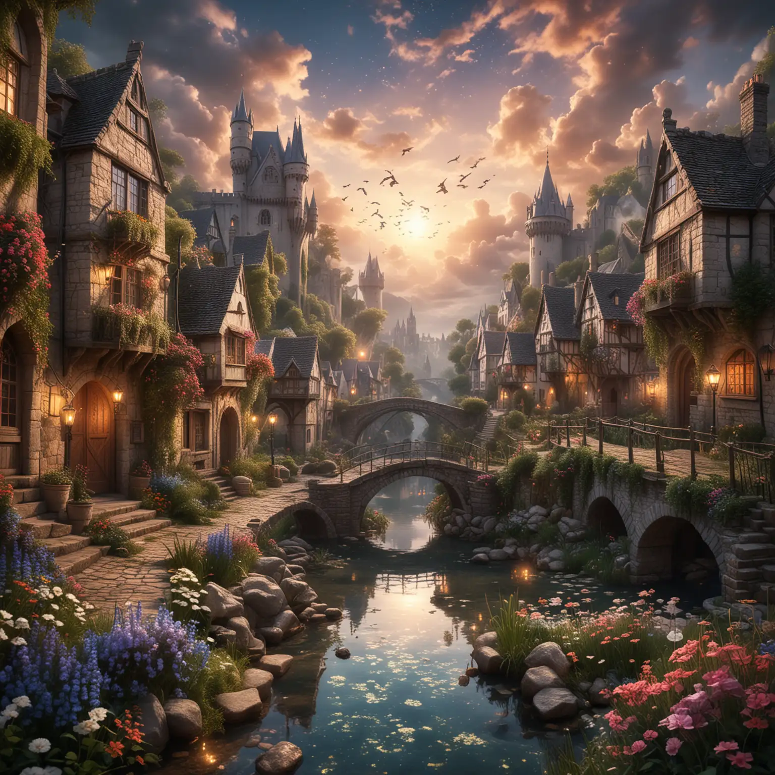 Enchanted World with Medieval Castles Villages and Magical Creatures